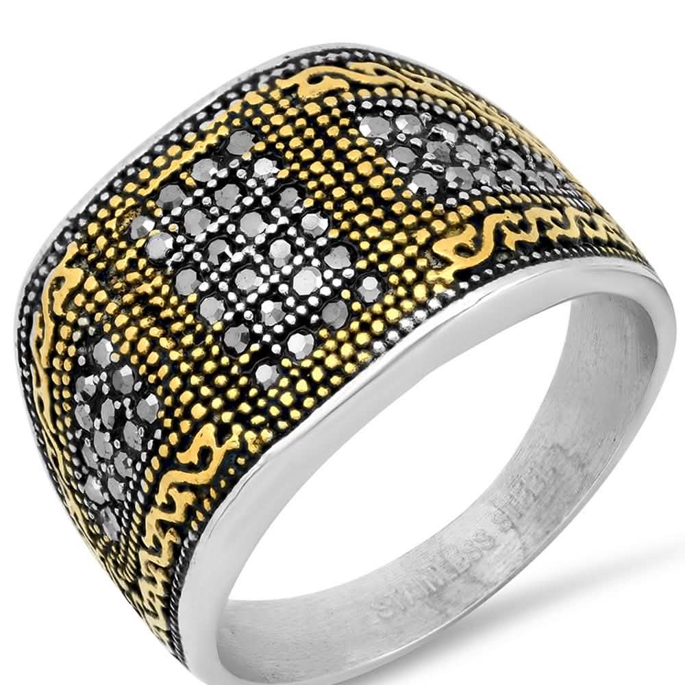 Men's Two Tone Stainless Steel And 18k Gold With Simulated Diamonds Ring DailySale