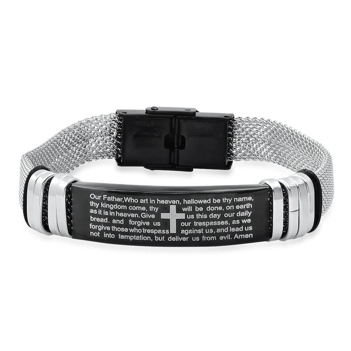Men's Two Tone Stainless Steel and Black IP Our Father Prayer Mesh Bracelet DailySale