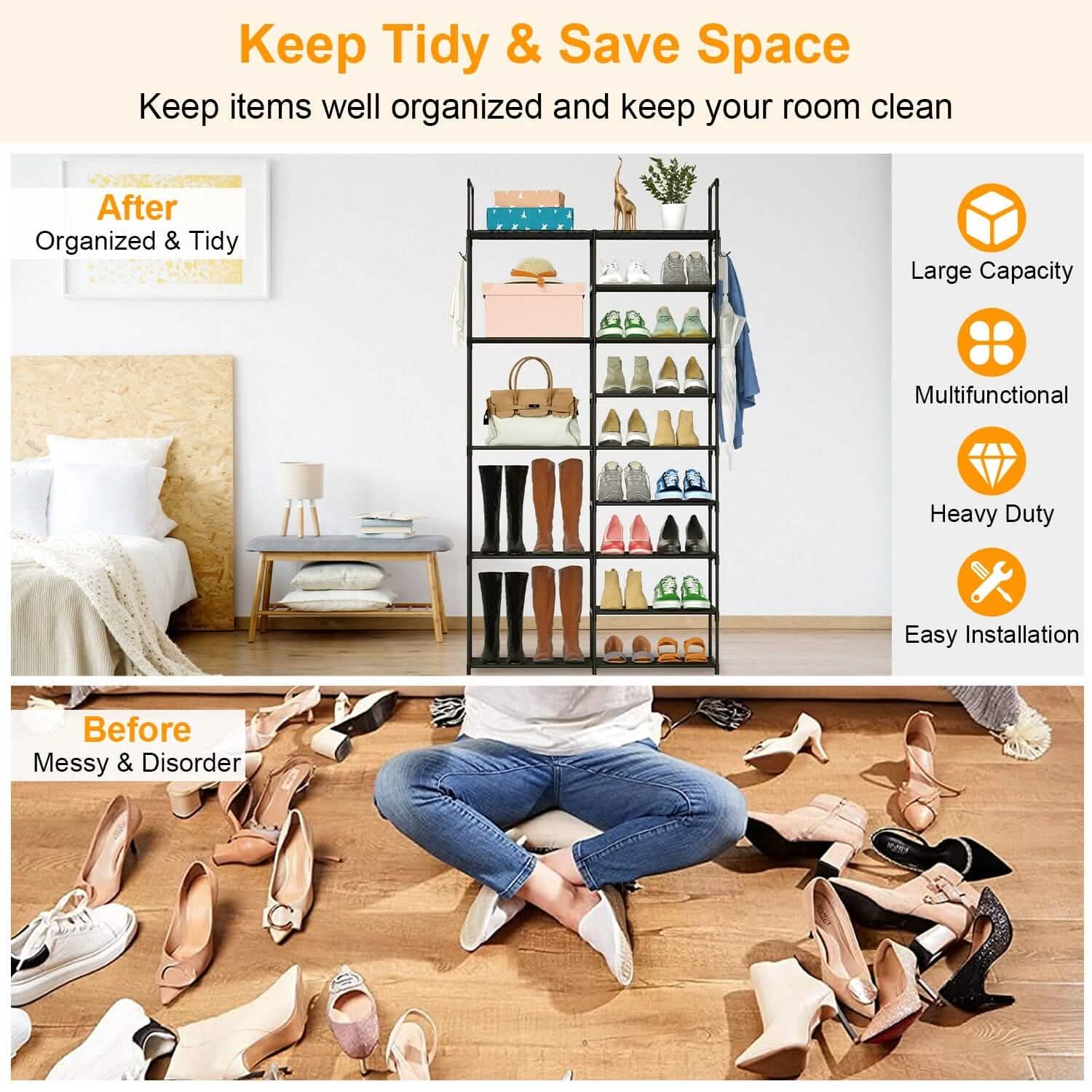 Metal Shoe Storage Shelf Free Standing Shoe Stand with 2 Row Hooks DailySale