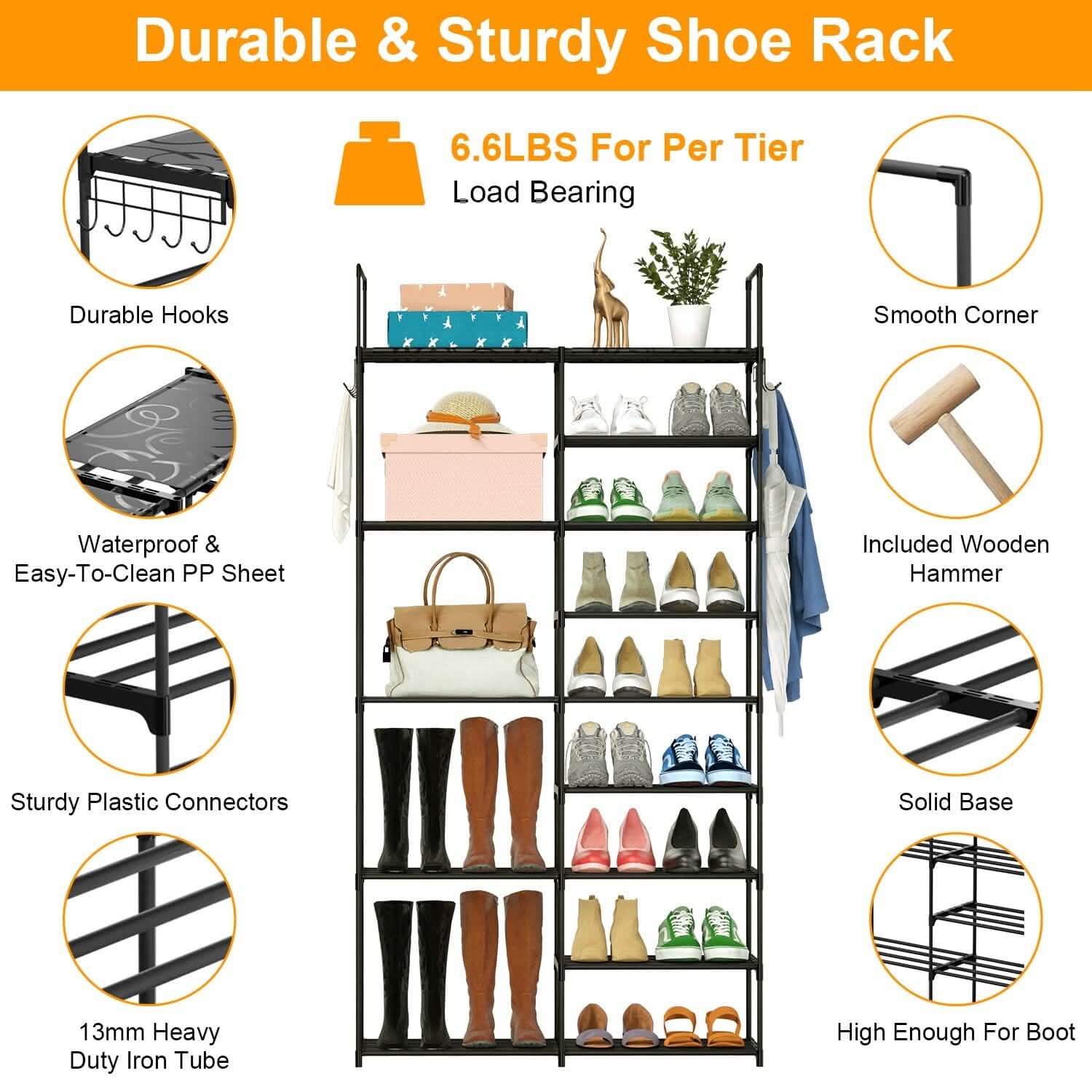 Metal Shoe Storage Shelf Free Standing Shoe Stand with 2 Row Hooks DailySale