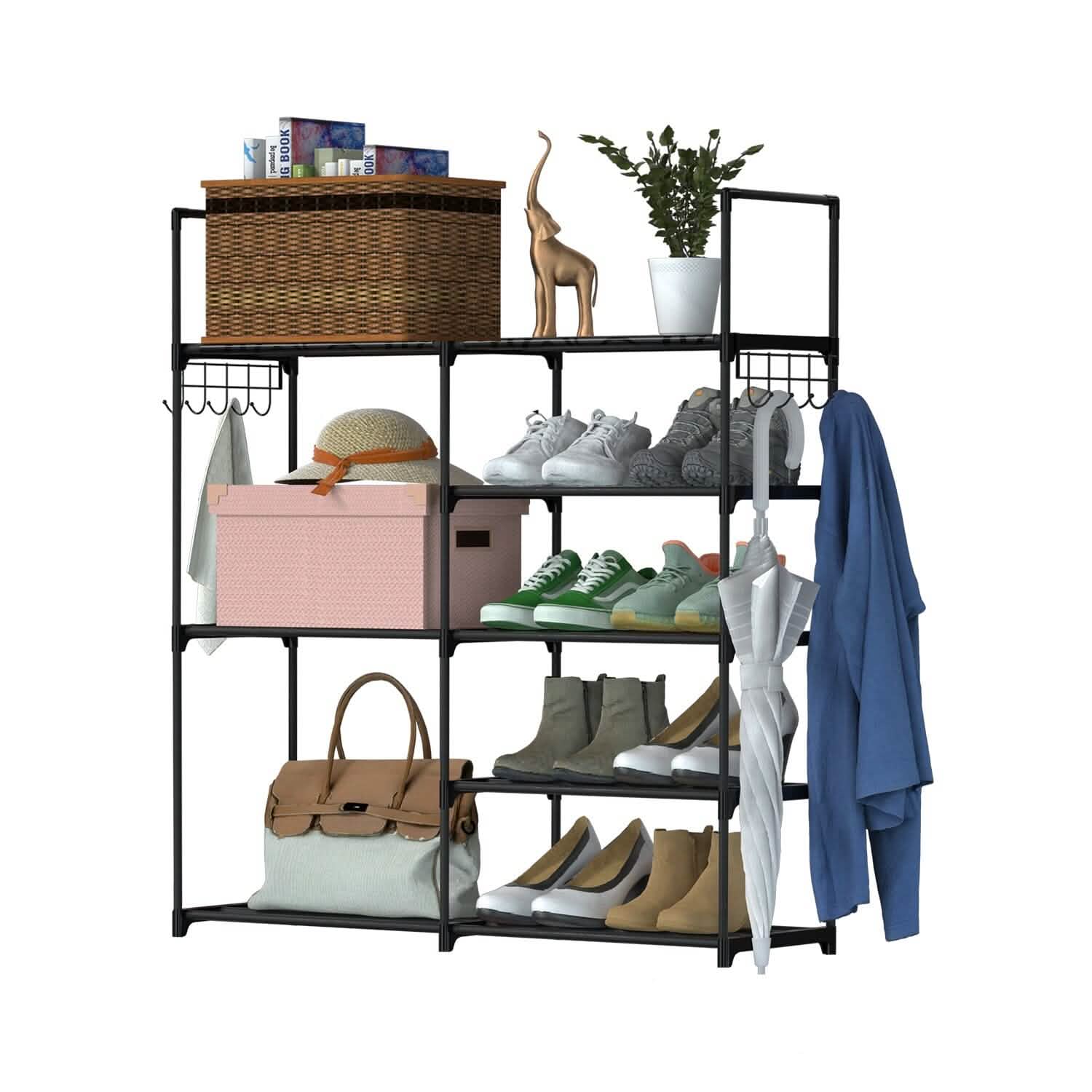 Metal Shoe Storage Shelf Free Standing Shoe Stand with 2 Row Hooks DailySale