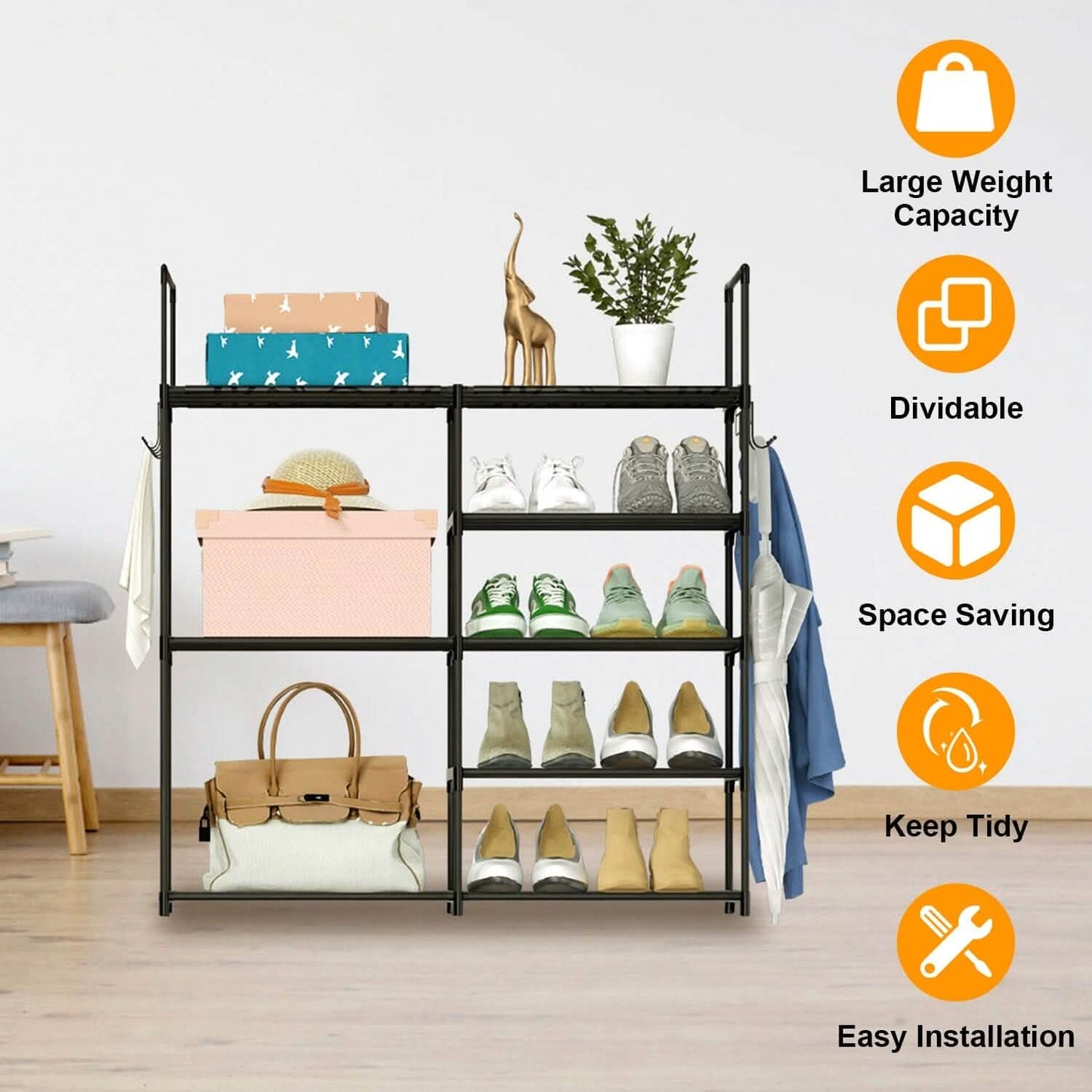 Metal Shoe Storage Shelf Free Standing Shoe Stand with 2 Row Hooks DailySale