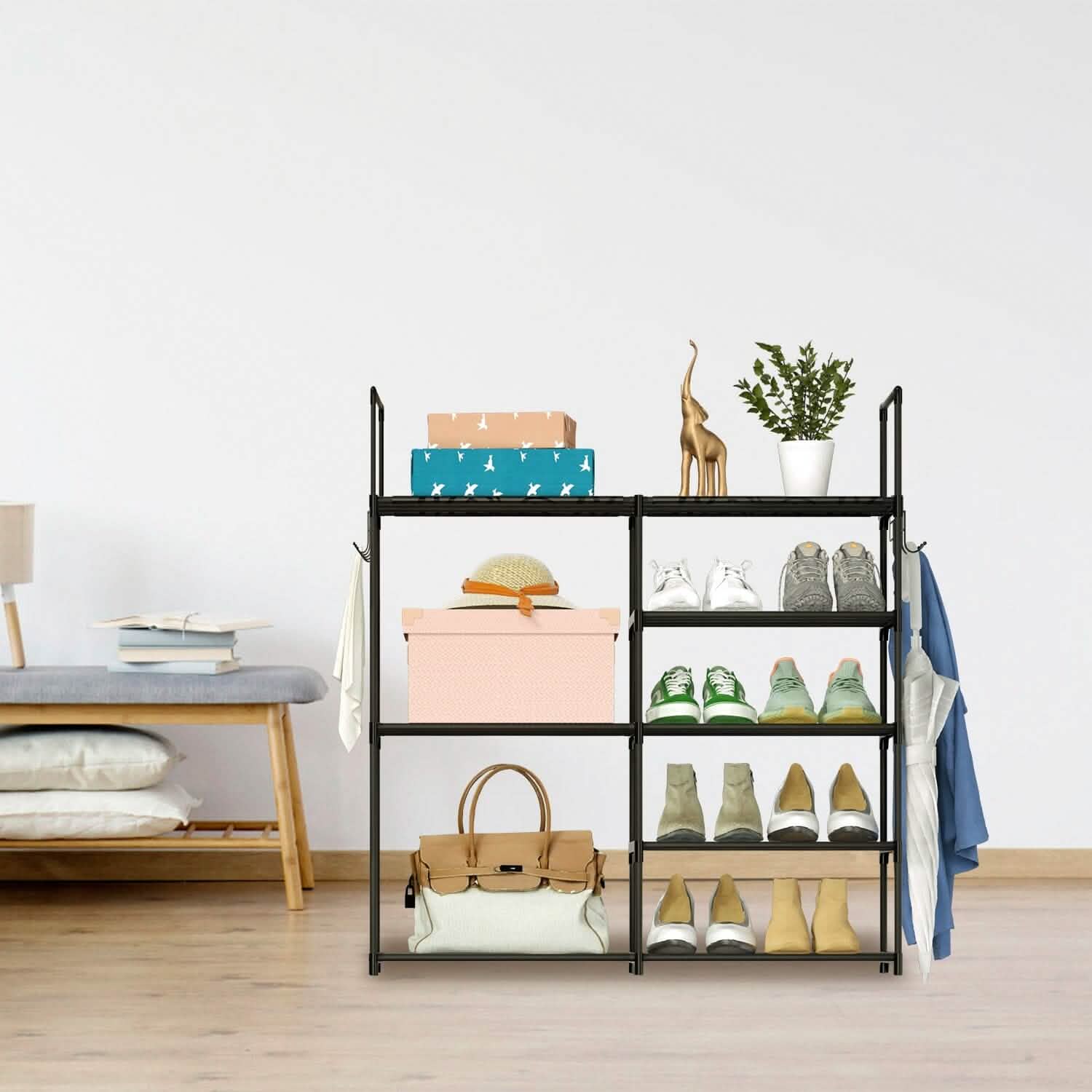 Metal Shoe Storage Shelf Free Standing Shoe Stand with 2 Row Hooks DailySale