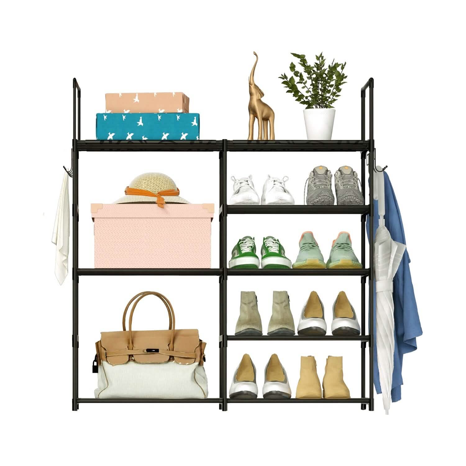 Metal Shoe Storage Shelf Free Standing Shoe Stand with 2 Row Hooks DailySale