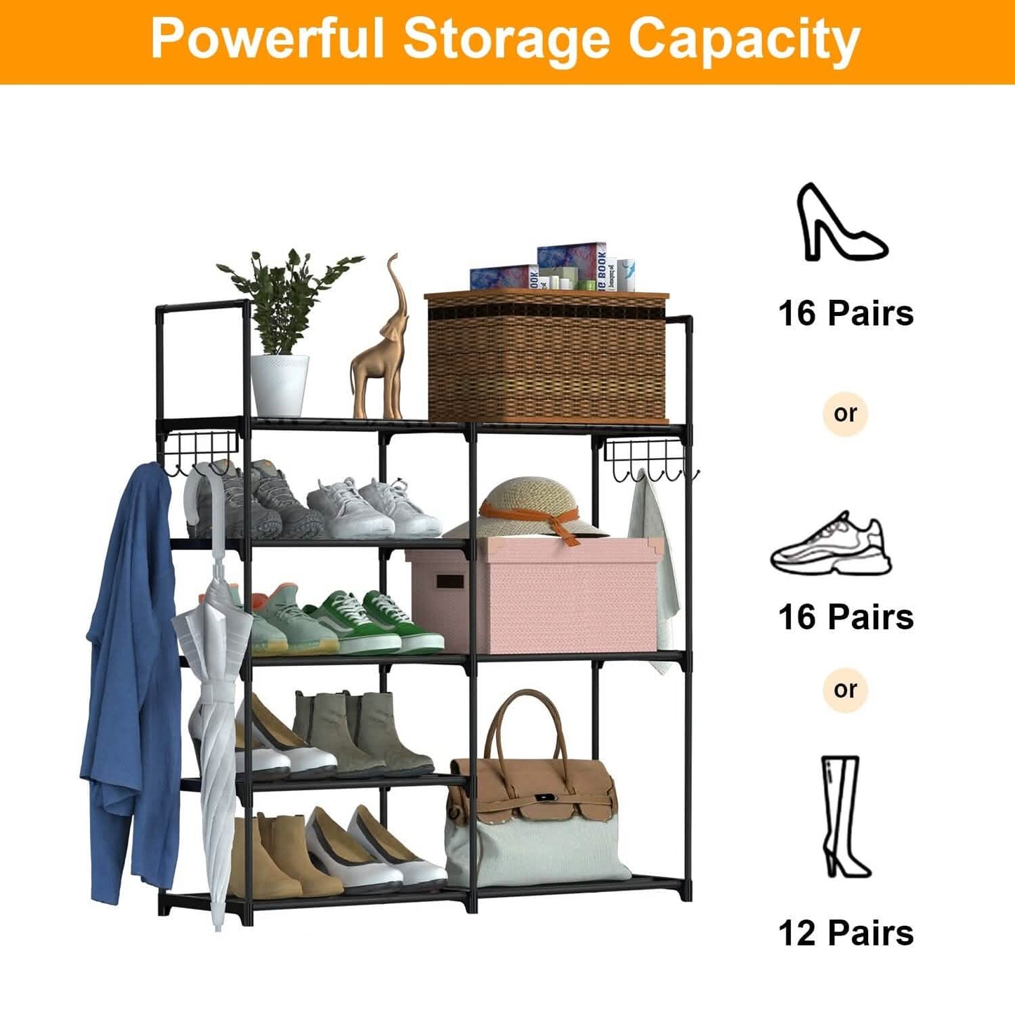 Metal Shoe Storage Shelf Free Standing Shoe Stand with 2 Row Hooks DailySale