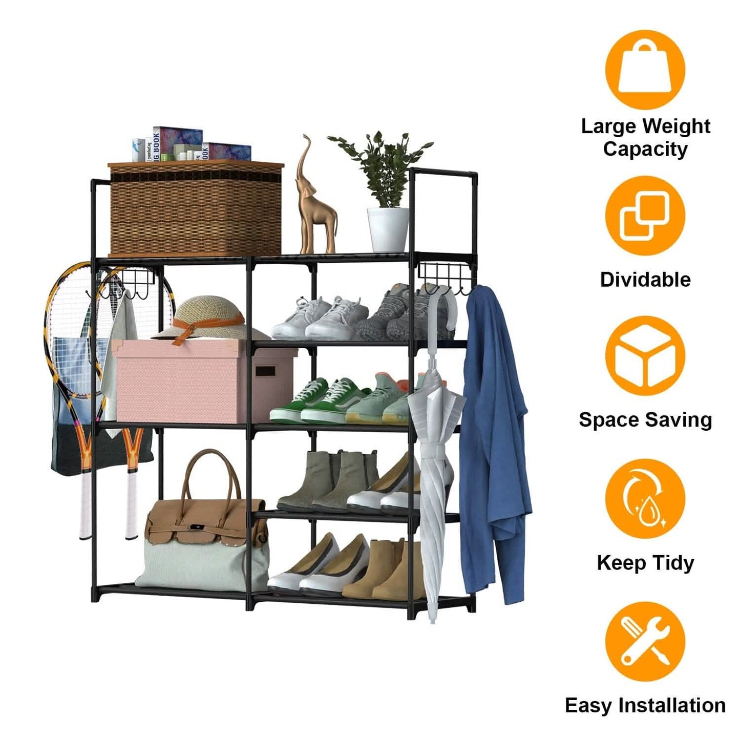 Metal Shoe Storage Shelf Free Standing Shoe Stand with 2 Row Hooks DailySale
