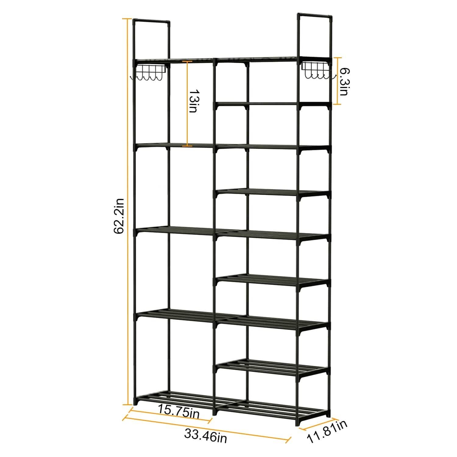 Metal Shoe Storage Shelf Free Standing Shoe Stand with 2 Row Hooks DailySale