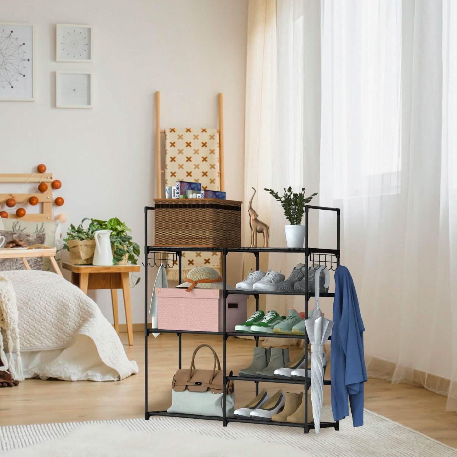 Metal Shoe Storage Shelf Free Standing Shoe Stand with 2 Row Hooks DailySale