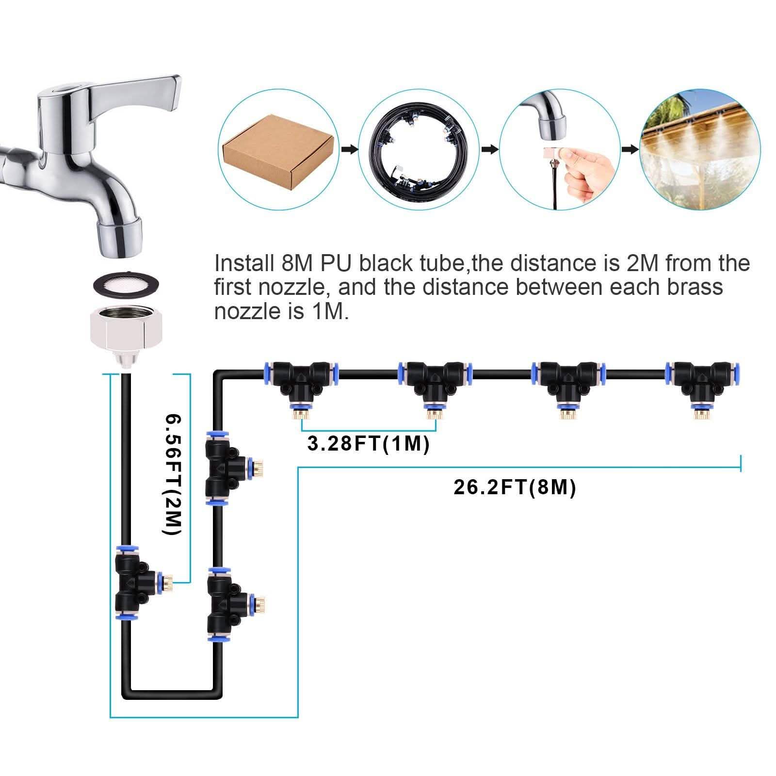 Mist Cooling System 26Ft Line + 10 T-Joint Nozzles Water Sprayer DailySale