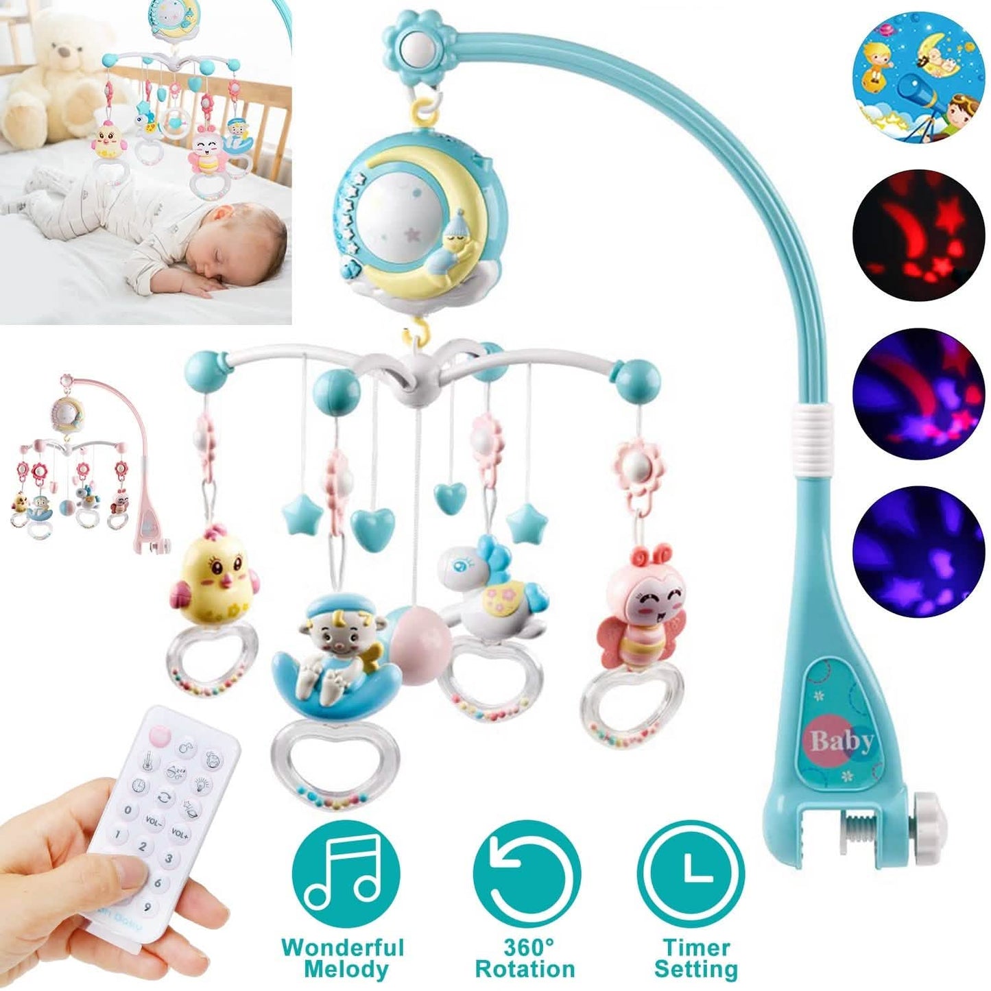 Mobile Star Projection Nursery Light Baby Rattle Toy with Music Box Remote Control DailySale