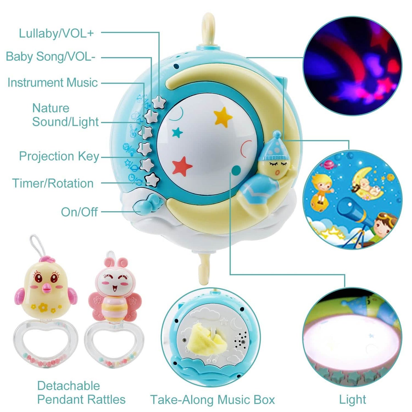 Mobile Star Projection Nursery Light Baby Rattle Toy with Music Box Remote Control DailySale