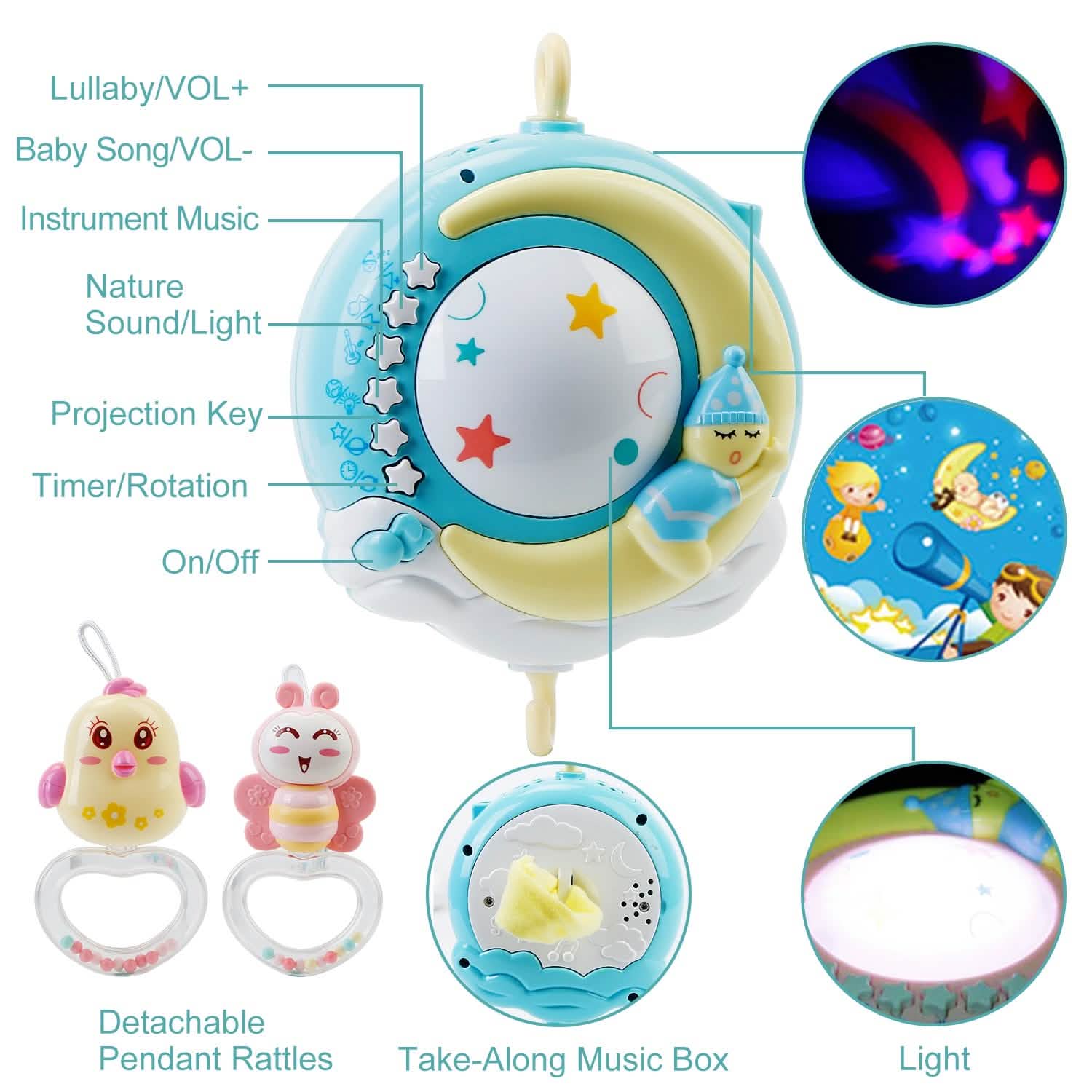 Mobile Star Projection Nursery Light Baby Rattle Toy with Music Box Remote Control DailySale