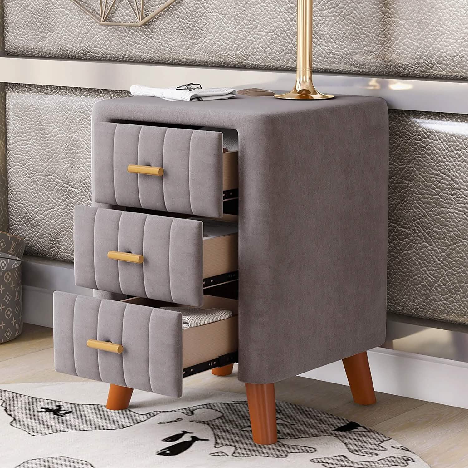 Modern Bedside Velvet Upholstered 3-Drawer Nightstand with Metal Handles DailySale