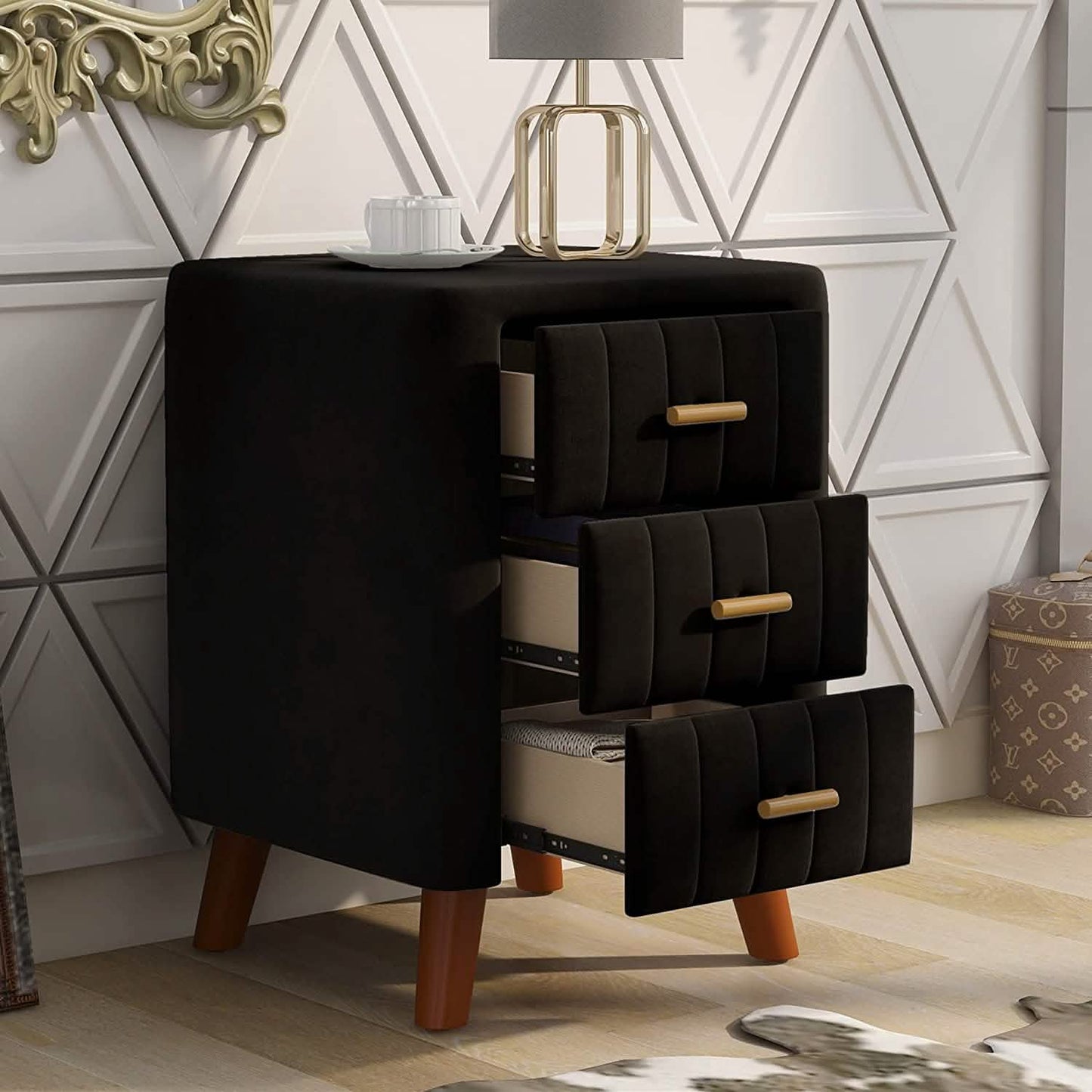 Modern Bedside Velvet Upholstered 3-Drawer Nightstand with Metal Handles DailySale