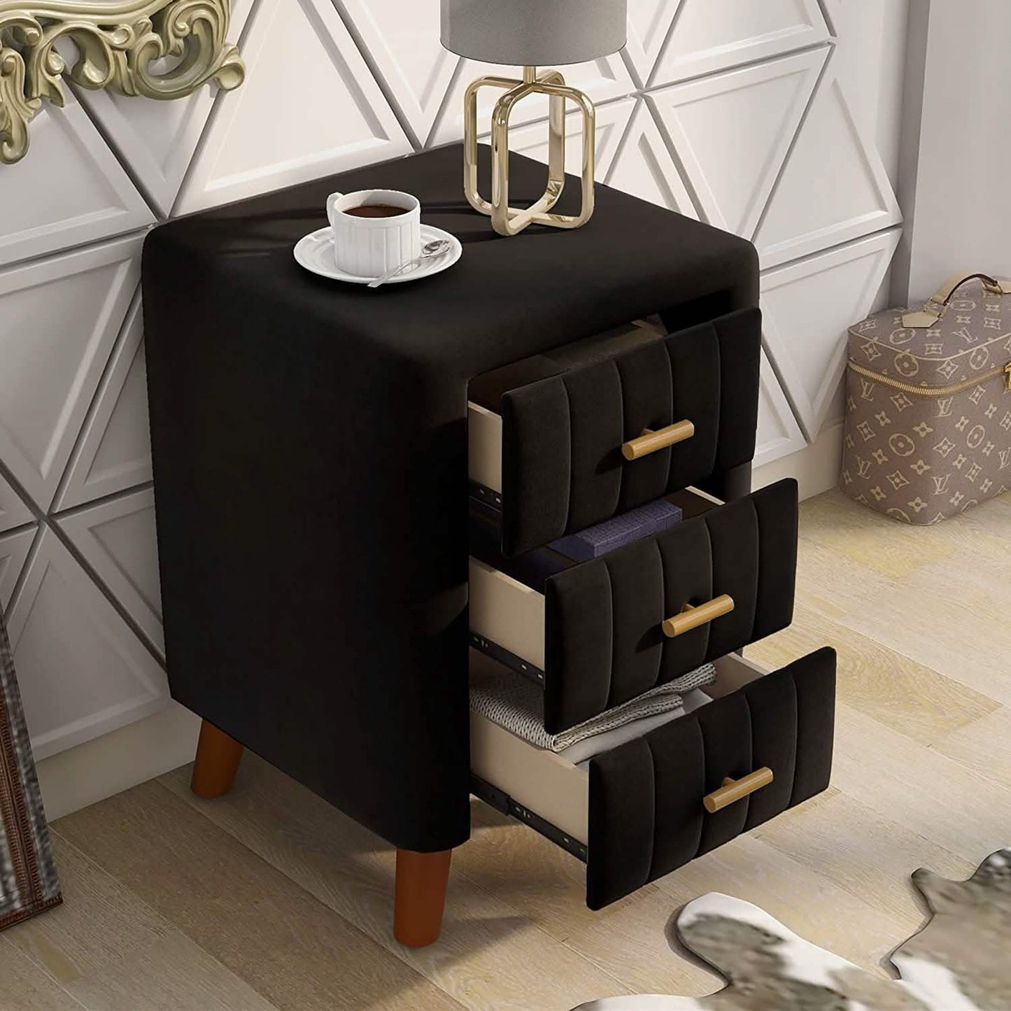 Modern Bedside Velvet Upholstered 3-Drawer Nightstand with Metal Handles DailySale