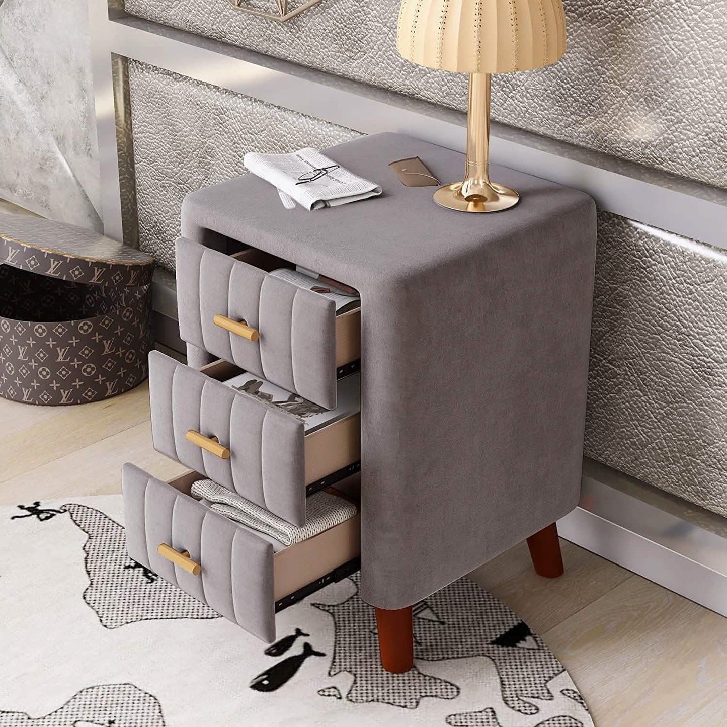 Modern Bedside Velvet Upholstered 3-Drawer Nightstand with Metal Handles DailySale