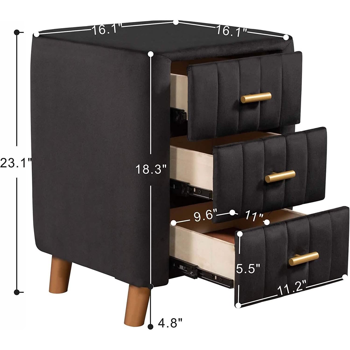 Modern Bedside Velvet Upholstered 3-Drawer Nightstand with Metal Handles DailySale