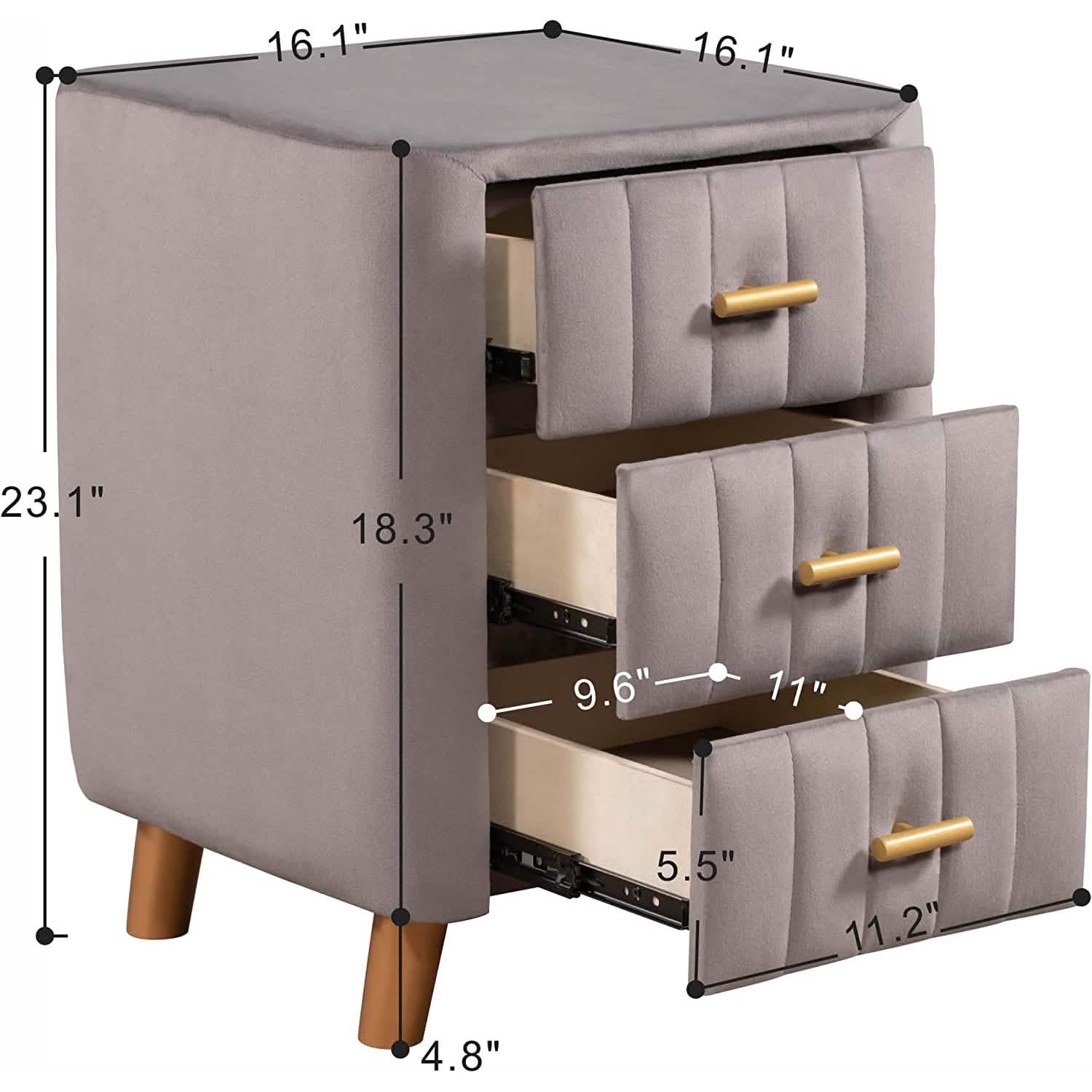 Modern Bedside Velvet Upholstered 3-Drawer Nightstand with Metal Handles DailySale