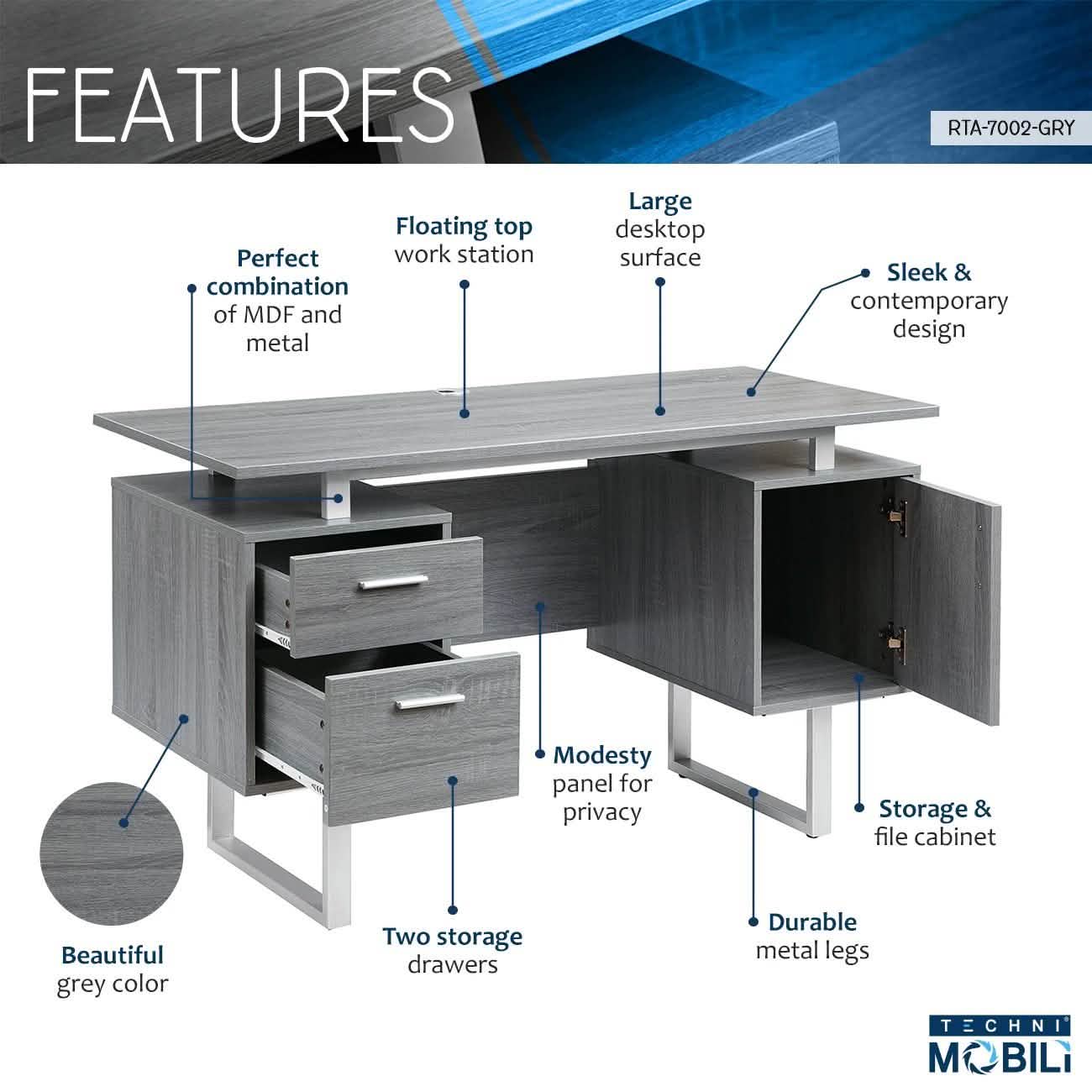 Modern Gray Office Desk with Storage DailySale