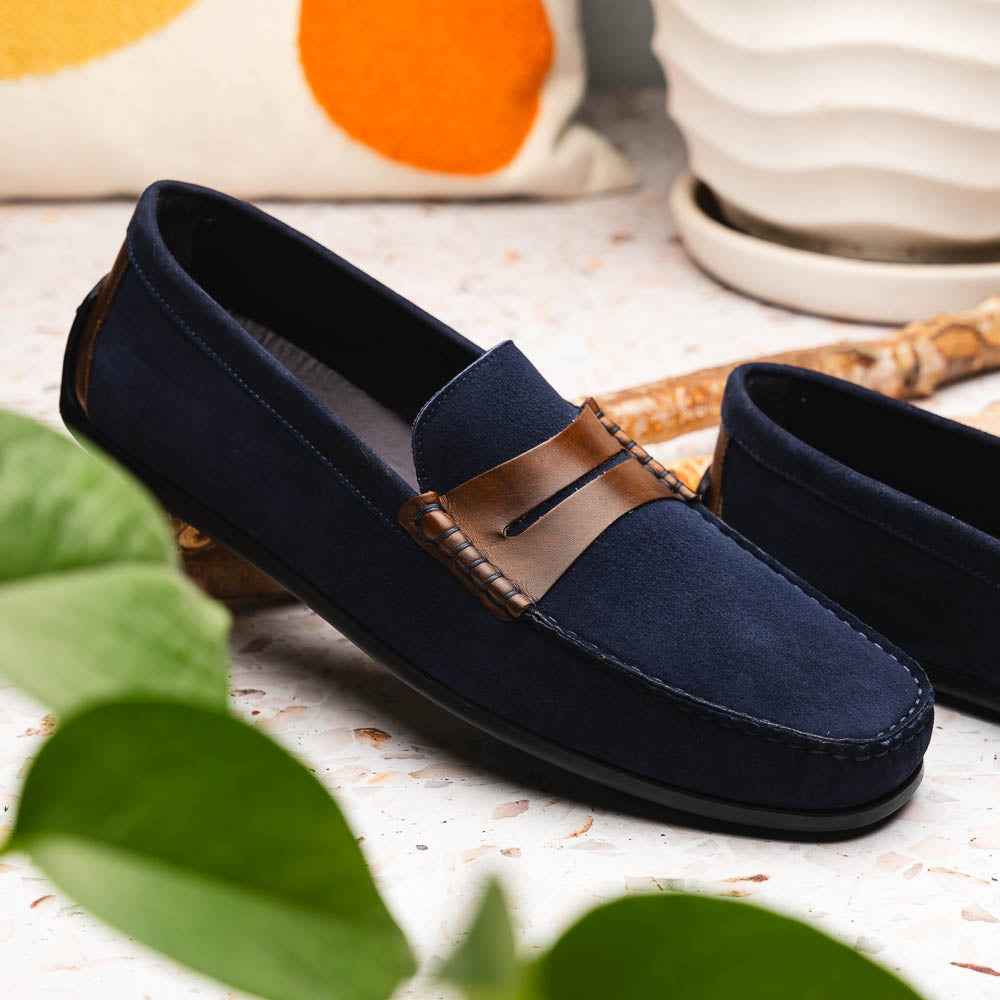 36-300-NVY MONZA Sueded Italian Calfskin Driver Navy / Chestnut