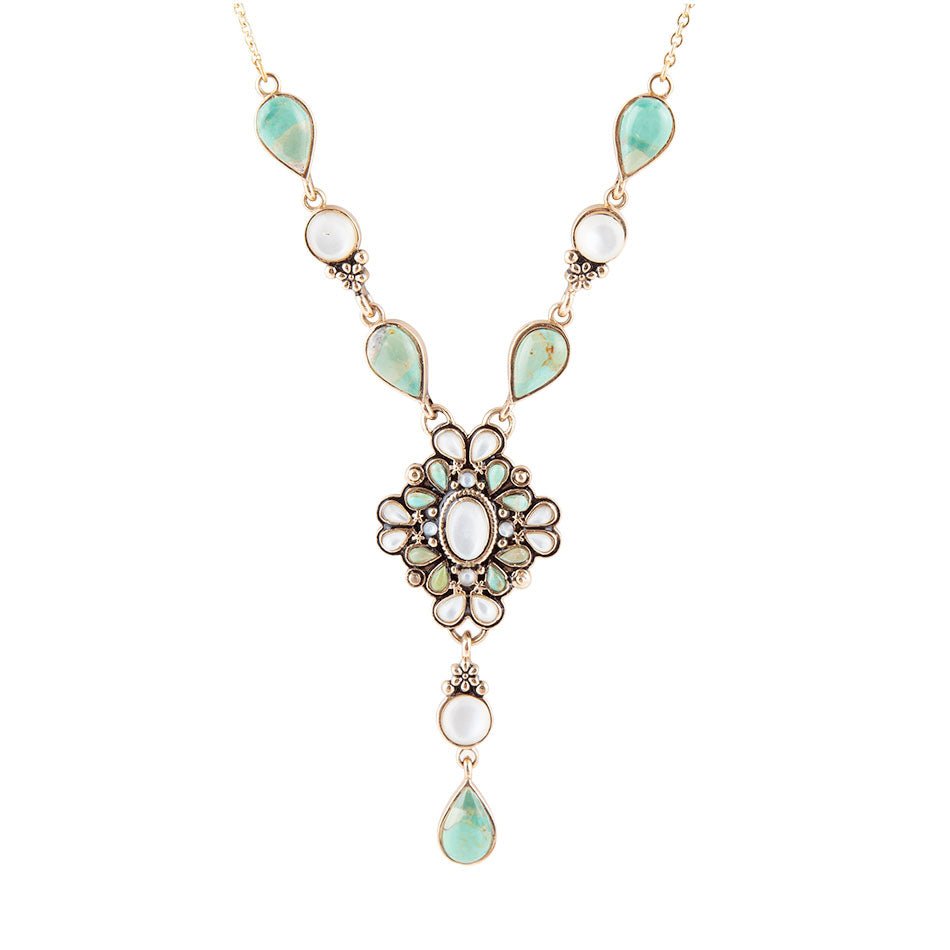 White Mother of Pearl and Blue Turquoise Golden Barcelona Y-Necklace Barse Jewelry
