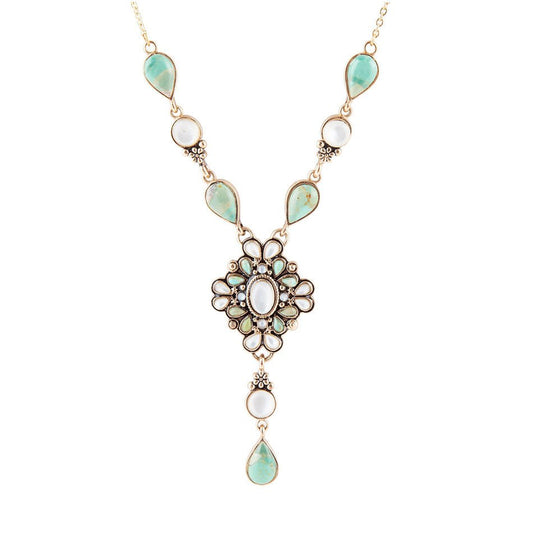 White Mother of Pearl and Blue Turquoise Golden Barcelona Y-Necklace Barse Jewelry
