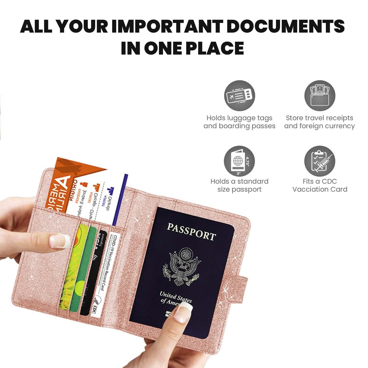 Multi Function Glitter Bling RFID Passport Organizer With CDC Vaccination Card Holder DailySale