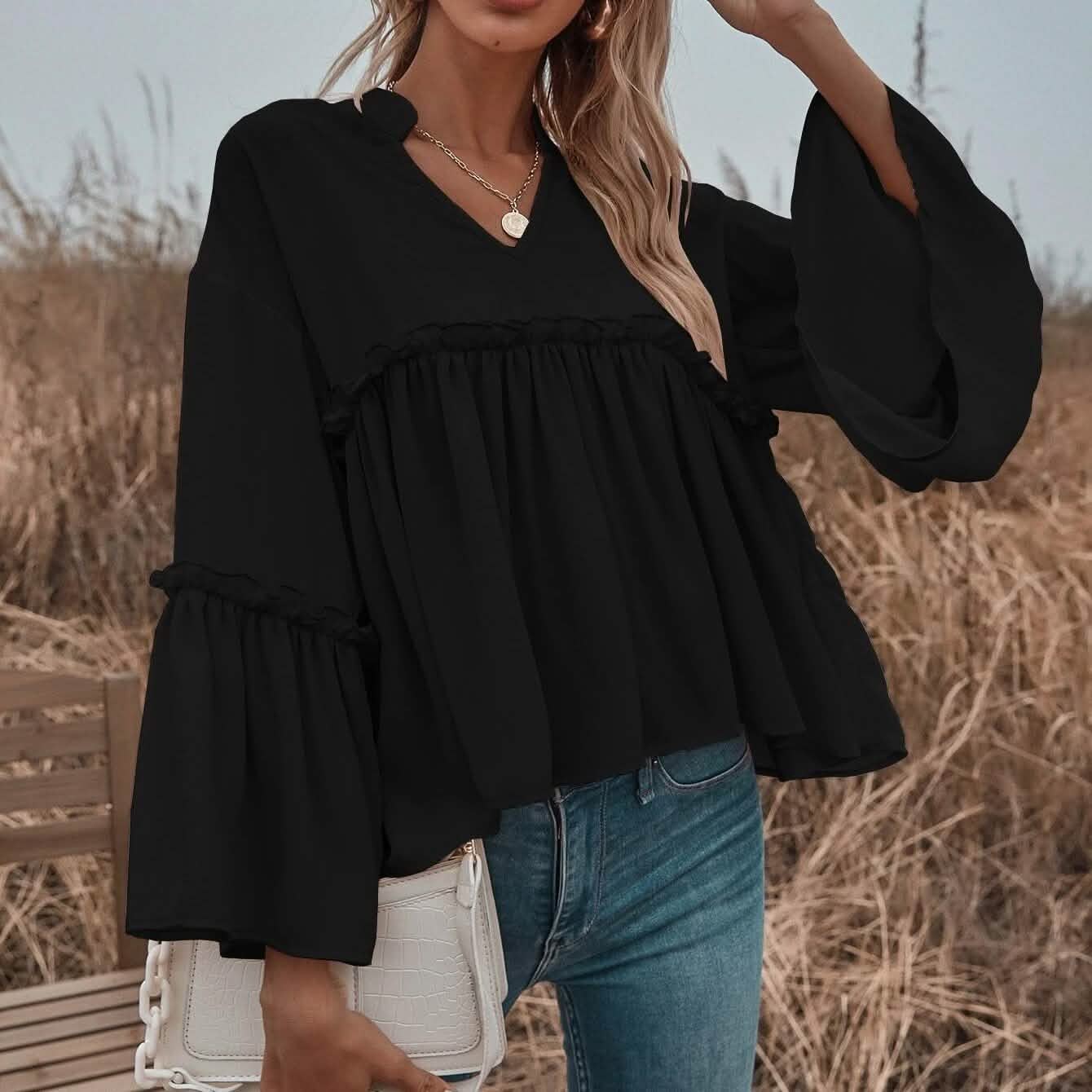 Notch Neck Frill Trim Flounce Sleeve Babydoll Blouse DailySale