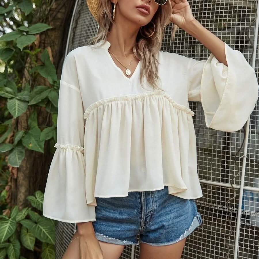 Notch Neck Frill Trim Flounce Sleeve Babydoll Blouse DailySale