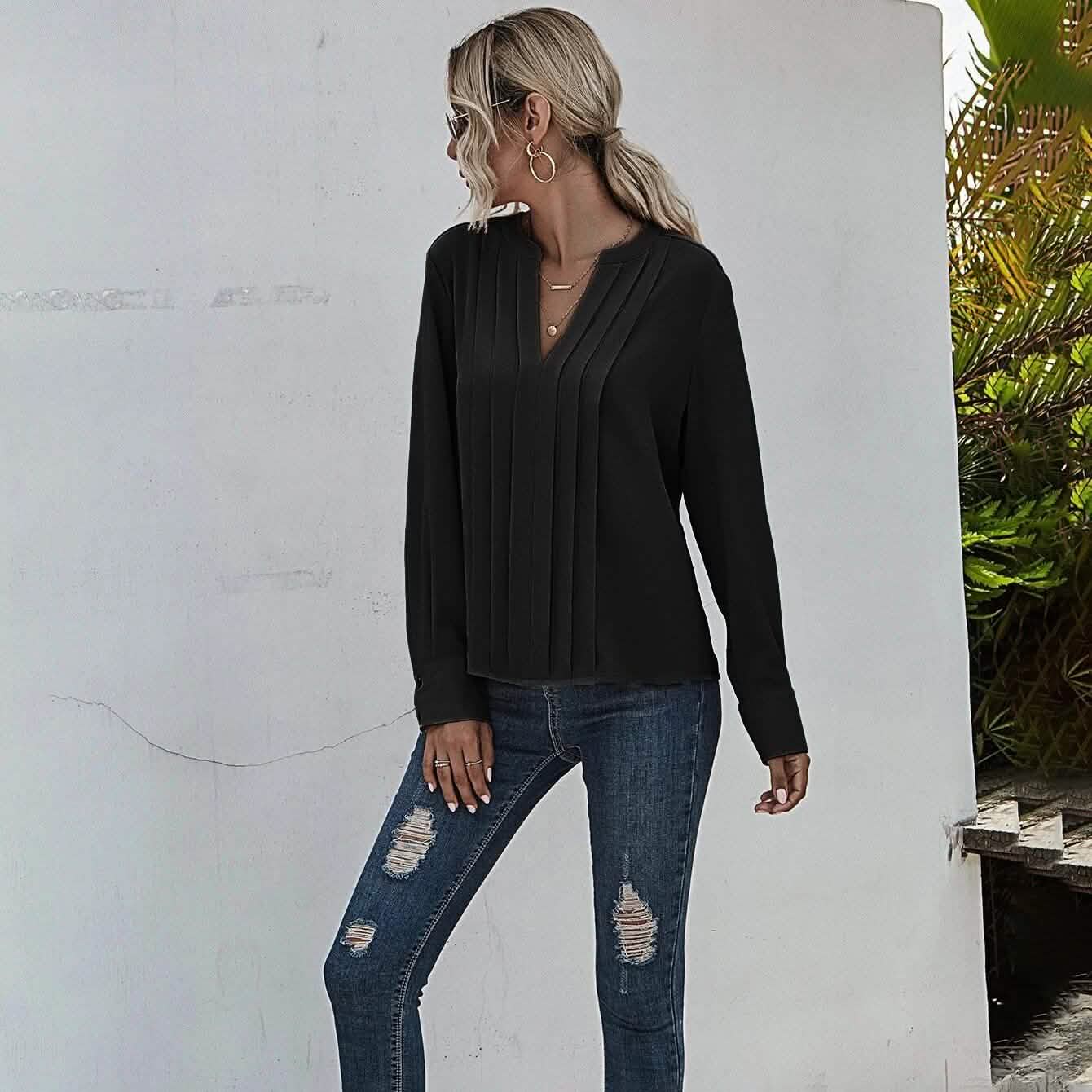 Notched Neck Pleated Decoration Blouse DailySale
