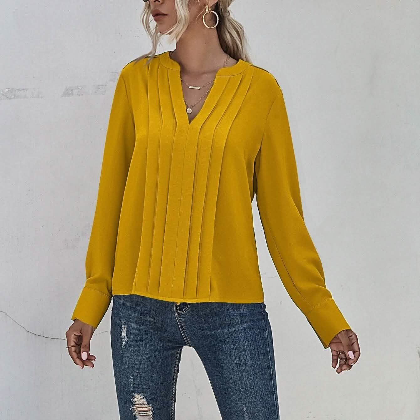 Notched Neck Pleated Decoration Blouse DailySale