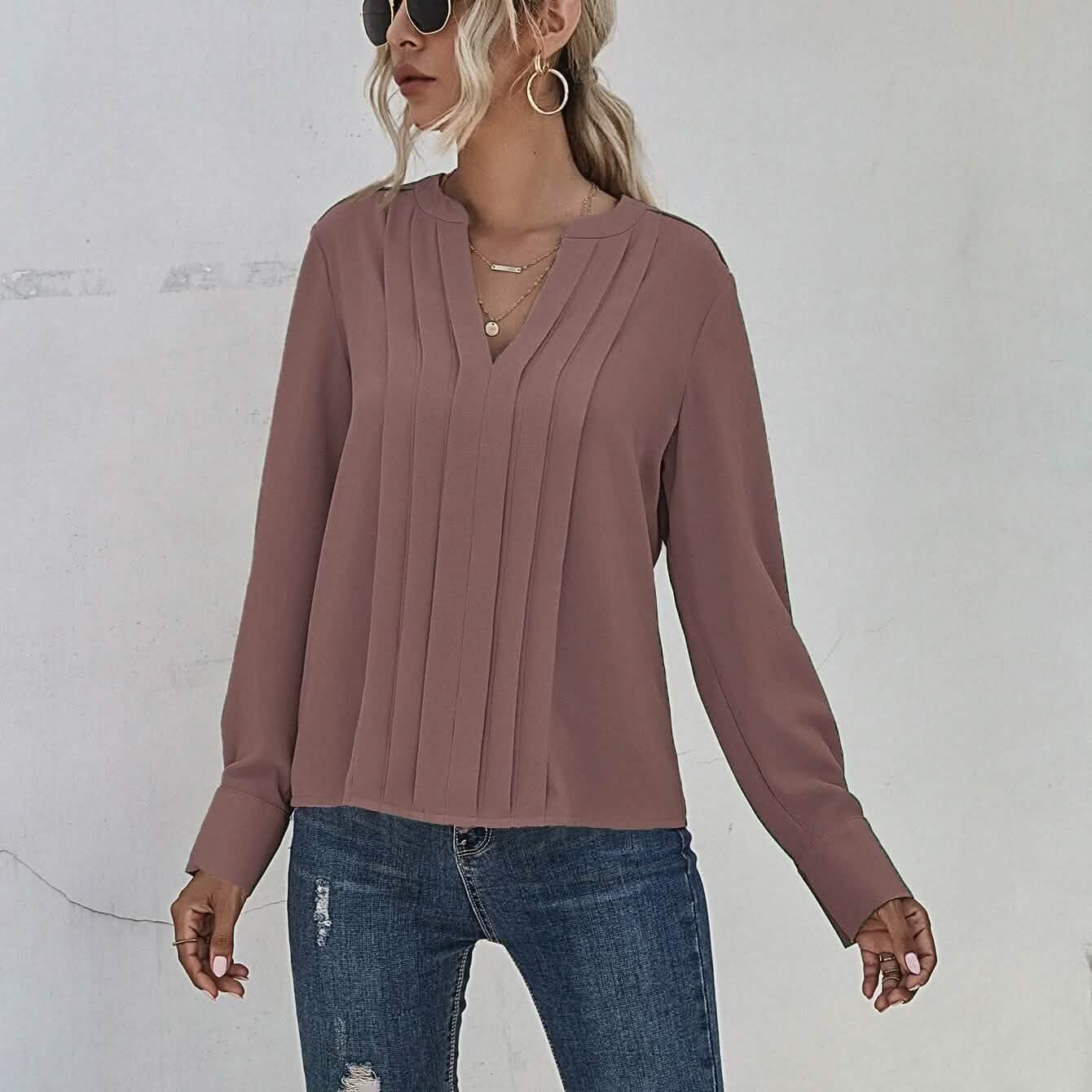 Notched Neck Pleated Decoration Blouse DailySale