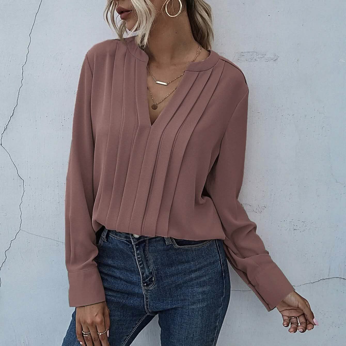 Notched Neck Pleated Decoration Blouse DailySale