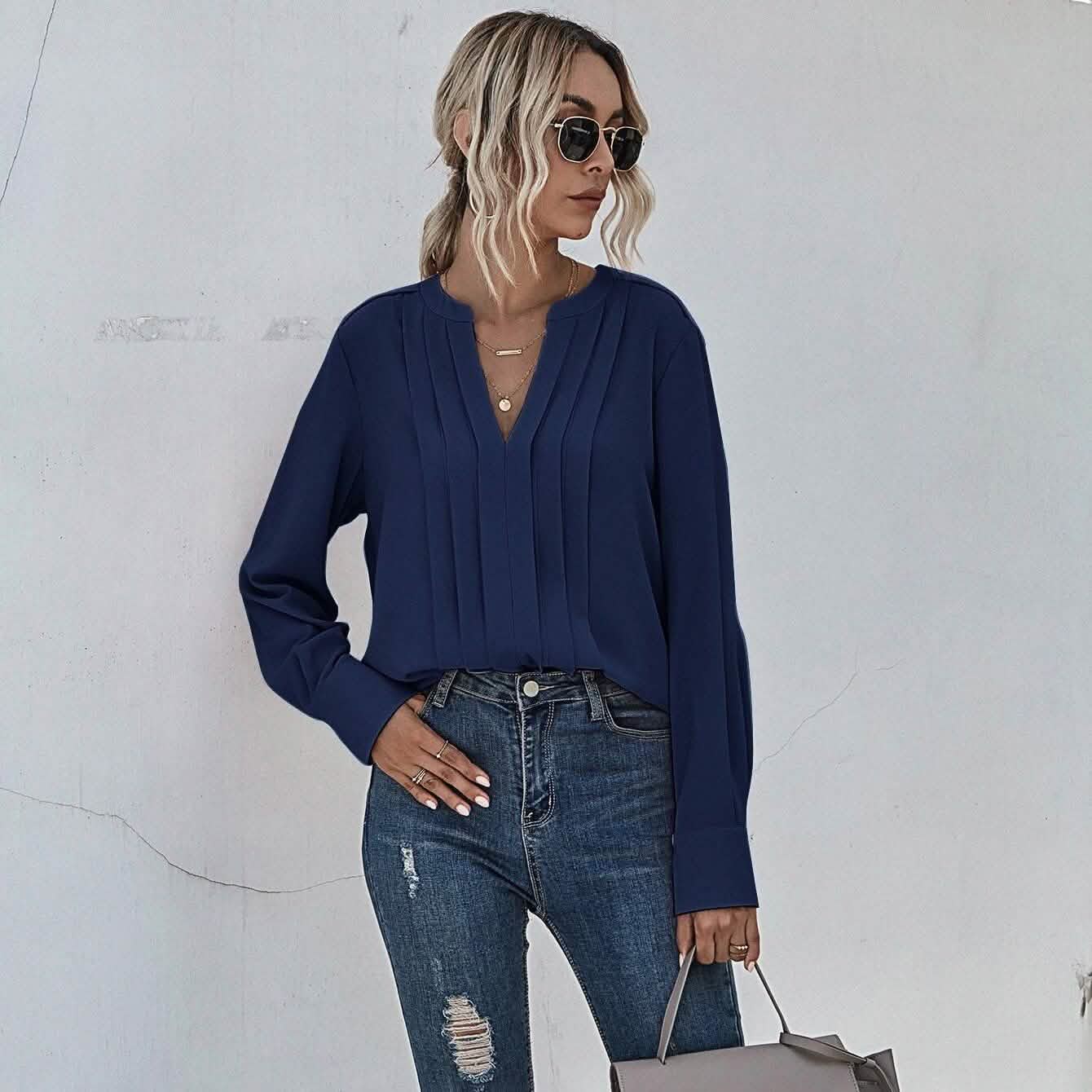 Notched Neck Pleated Decoration Blouse DailySale
