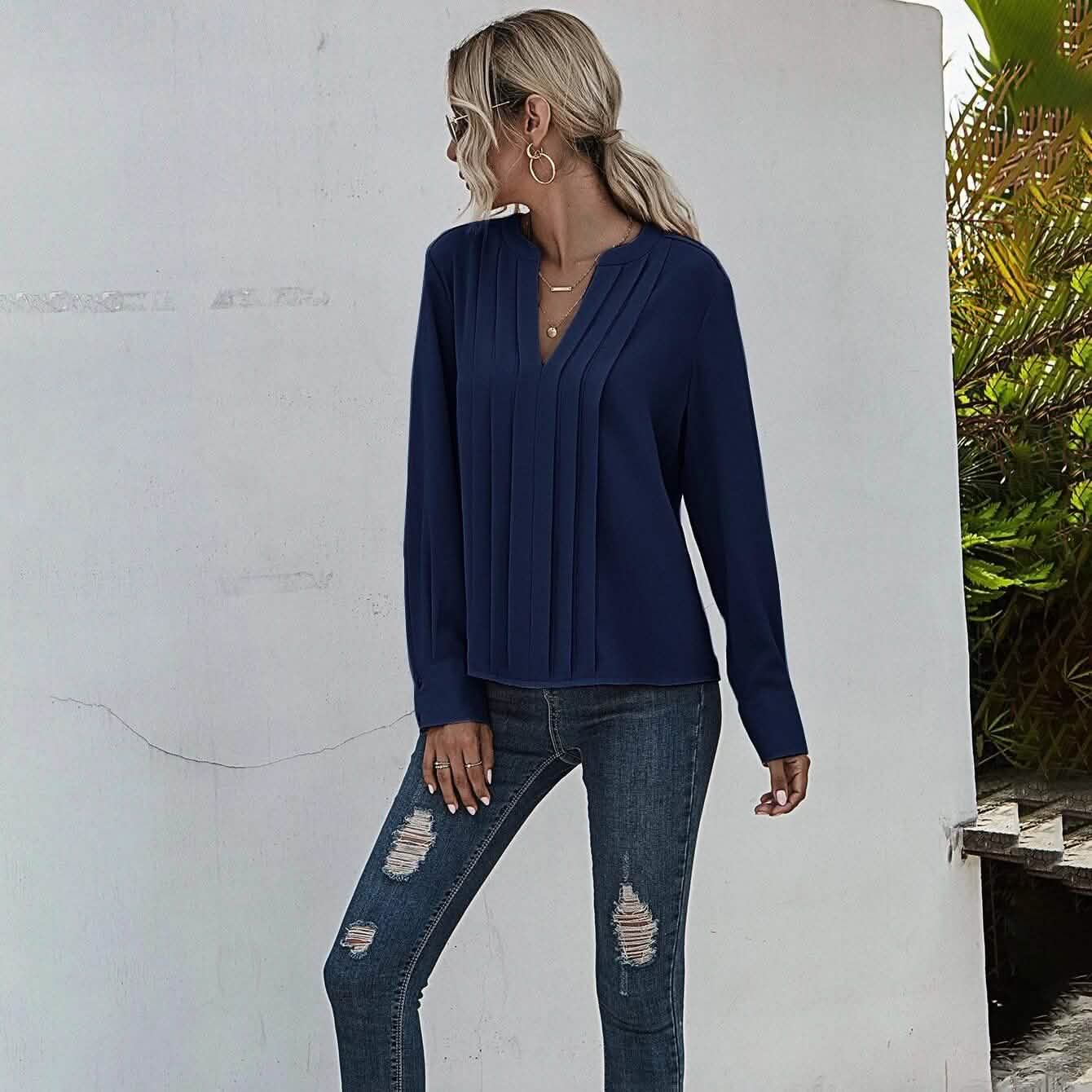 Notched Neck Pleated Decoration Blouse DailySale