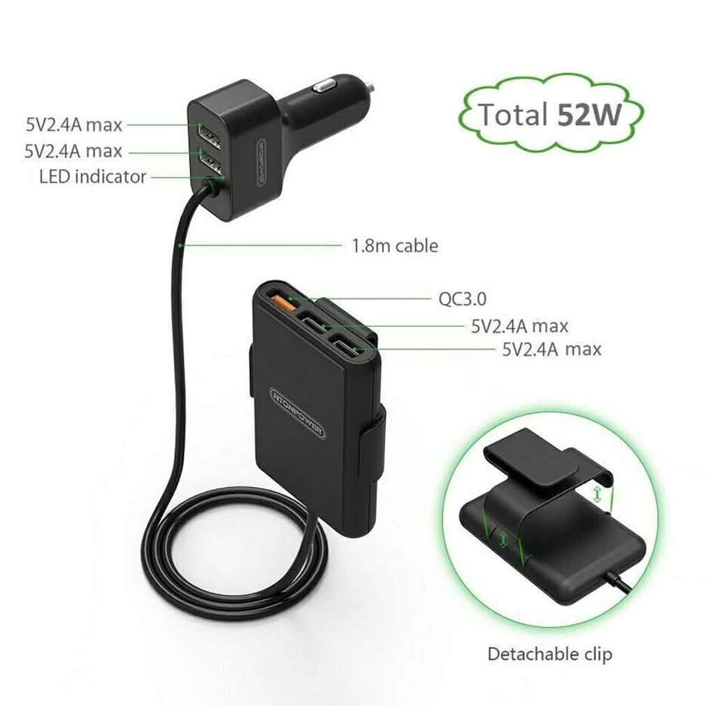 NTONPOWER 5 USB Ports Car Charger with 1.8 Extension Cable DailySale