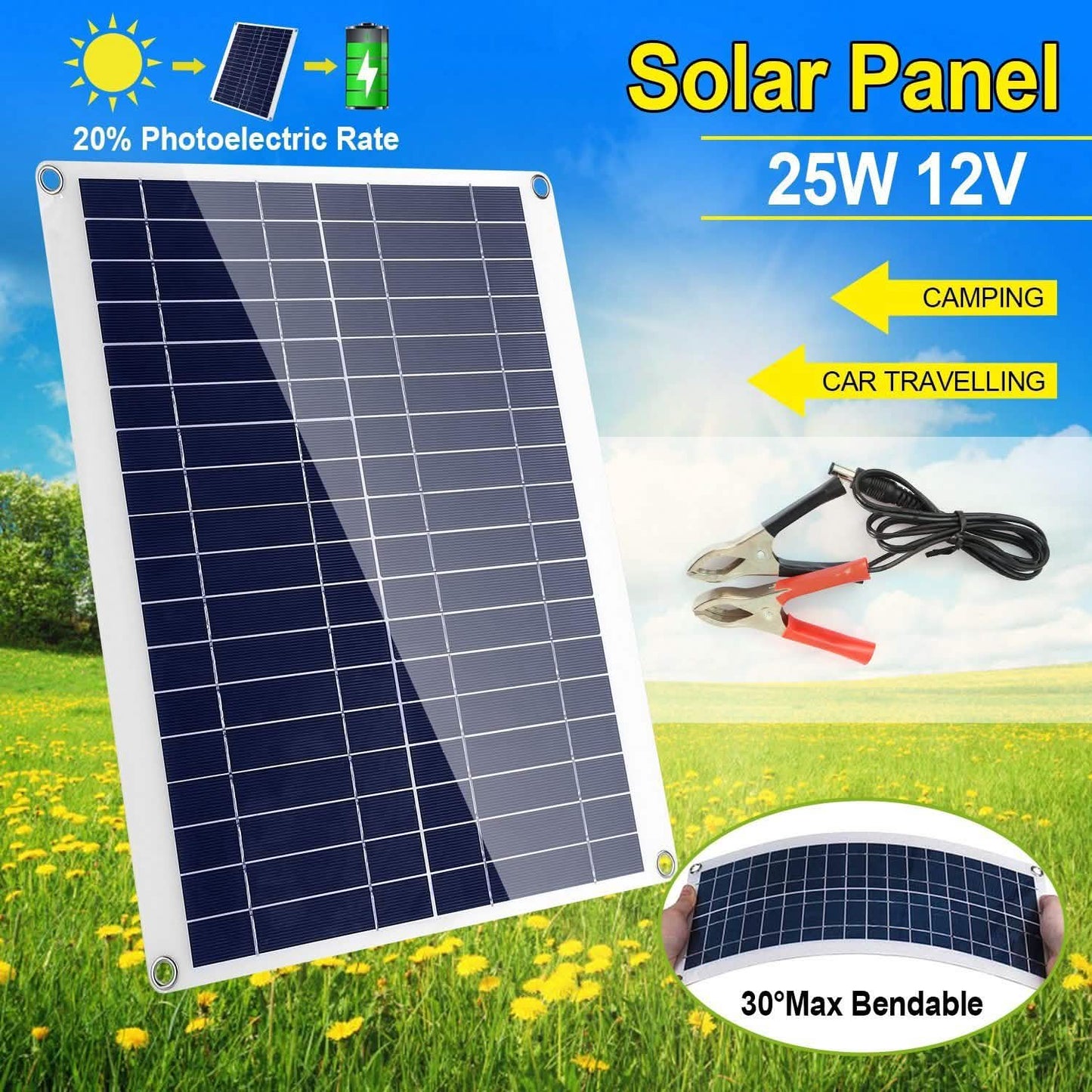 Outdoor Solar Panel 12V 25W Car Battery Charger DailySale