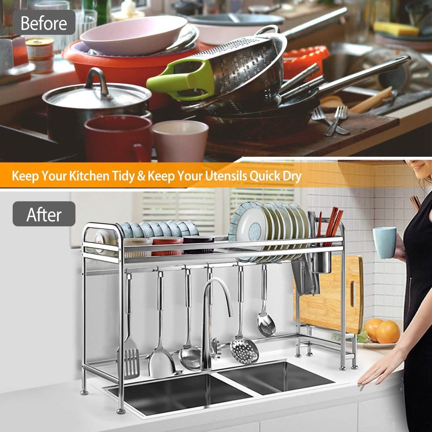 Over Sink Dish Drying Rack with Cutlery Holder DailySale
