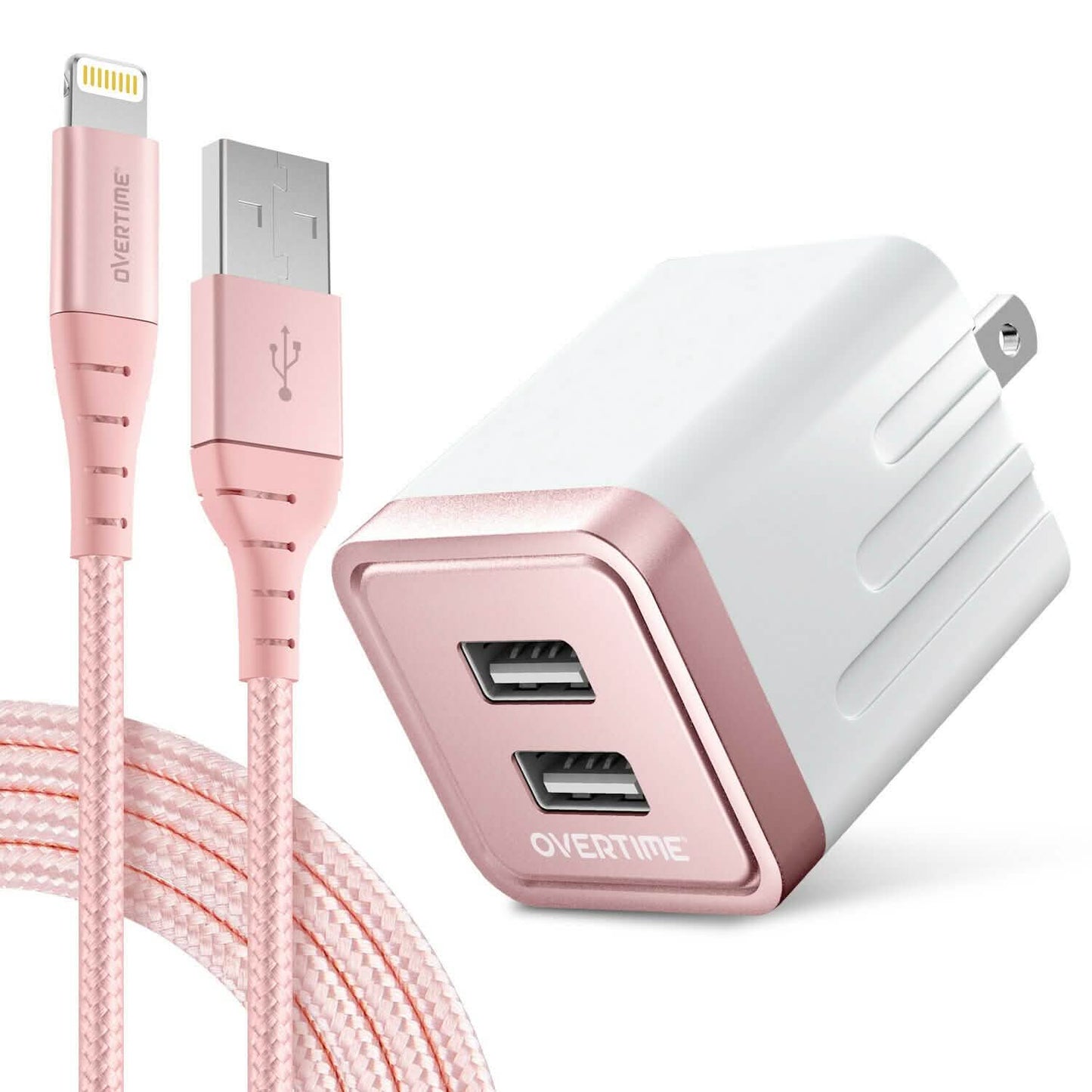 Overtime iPhone Charger Set, Apple MFi Certified Lightning Cable 10ft with Dual USB Wall Charger Adapter - Rose Gold DailySale