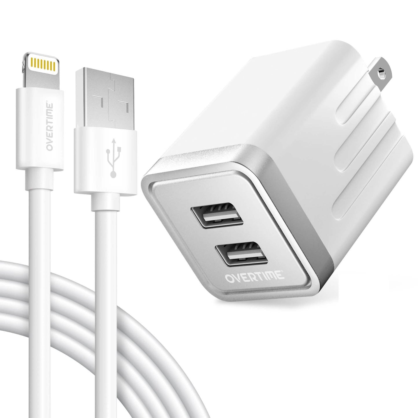 Overtime iPhone Charger Set | Apple MFi Certified Lightning Cable 6ft with Dual USB Wall Charger Adapter - White DailySale