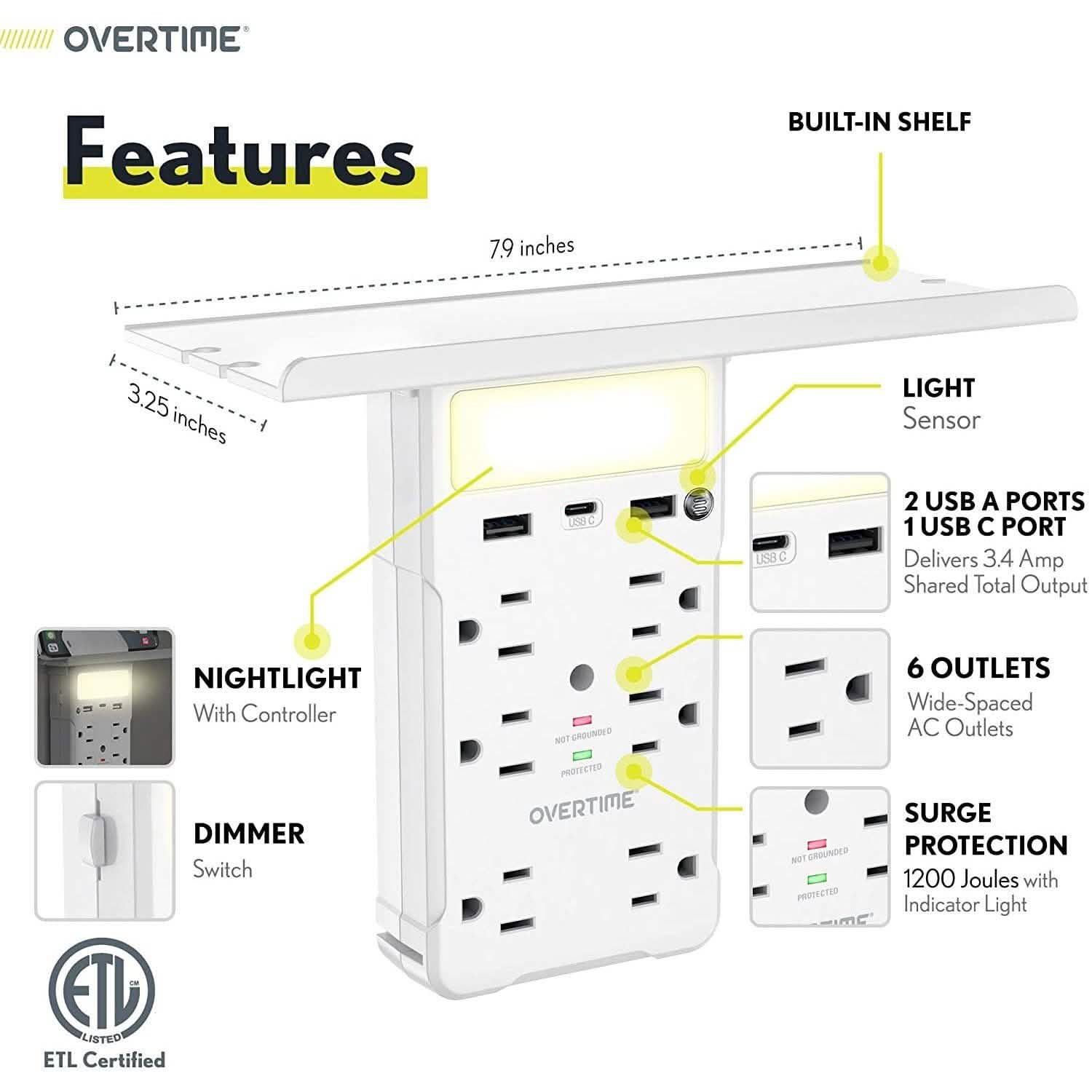 Overtime USB Outlet Shelf Night Light - Multi Plug Outlet Extender with Surge Protector DailySale