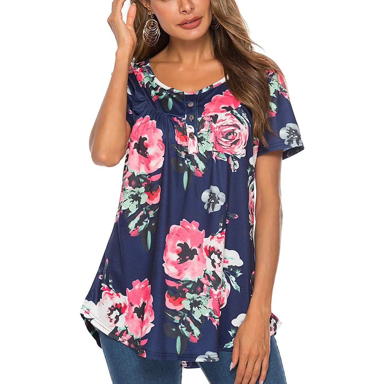 Paisley Printed Button Up Top Short Sleeve V Neck Pleated Casual Loose Flare Tunic Blouse Henley Shirt DailySale