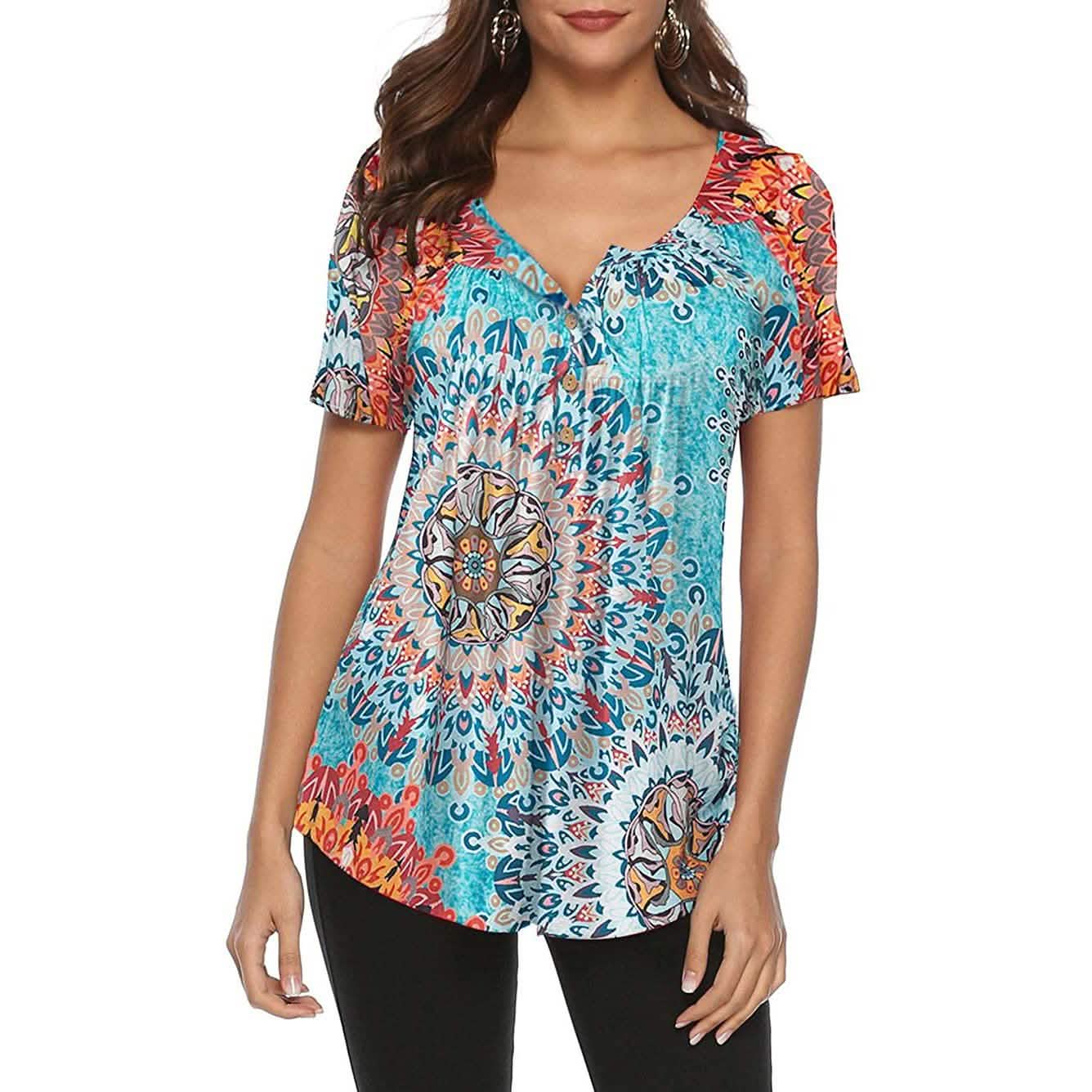 Paisley Printed Button Up Top Short Sleeve V Neck Pleated Casual Loose Flare Tunic Blouse Henley Shirt DailySale