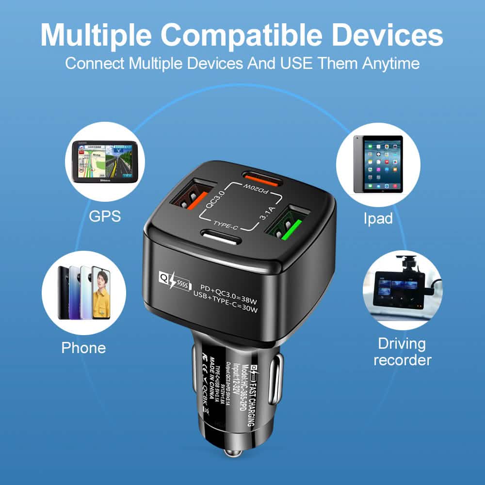 PBG 4-Port PD/USB Car Charger and 10FT Zebra Style Lightning Cable Bundle DailySale