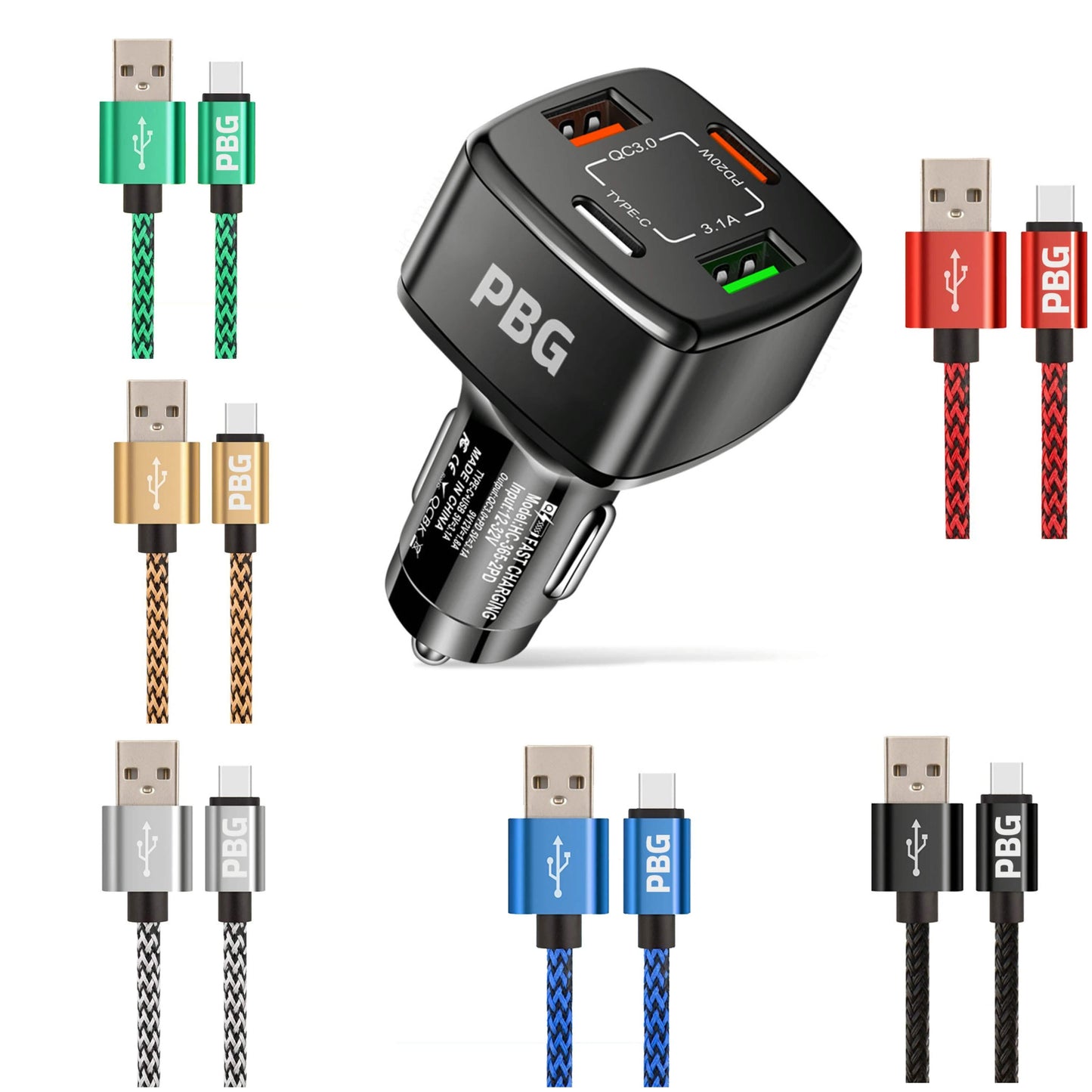 PBG 4-Port PD/USB Car Charger and 10FT Zebra Style Lightning Cable Bundle DailySale