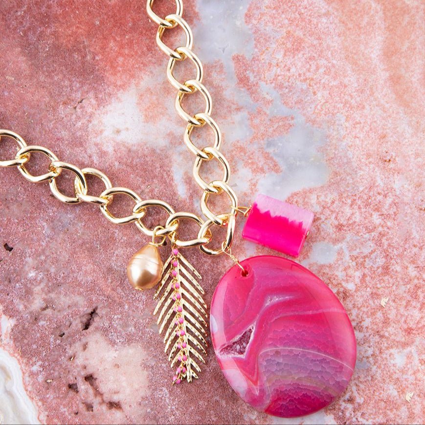 Peony Fuschsia Pink Agate Golden Charm Necklace Barse Jewelry