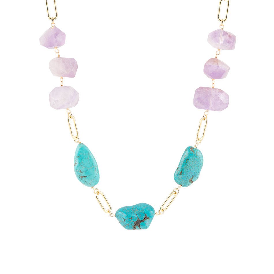 Purple Periwinkle Amethyst and Blue Turquoise Long Golden Necklace Barse Jewelry