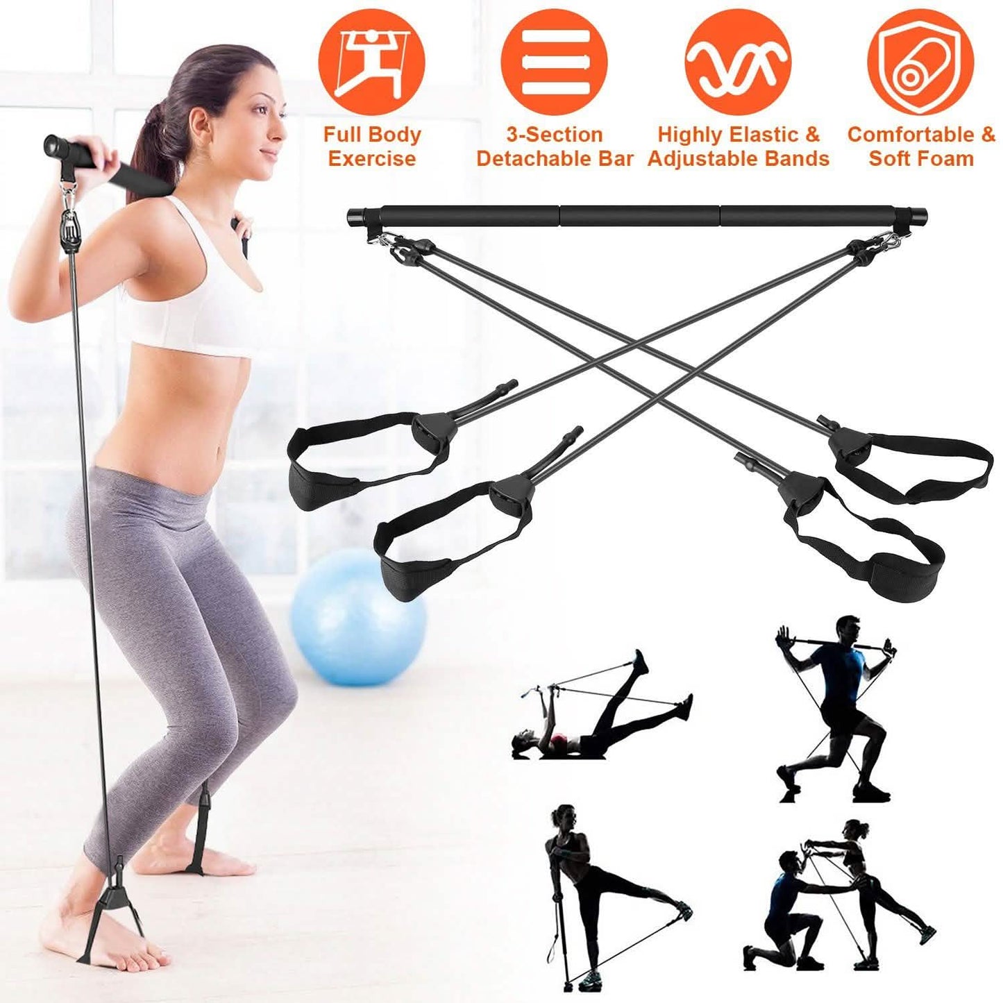 Pilates Bar Kit with 4 Resistance Bands DailySale