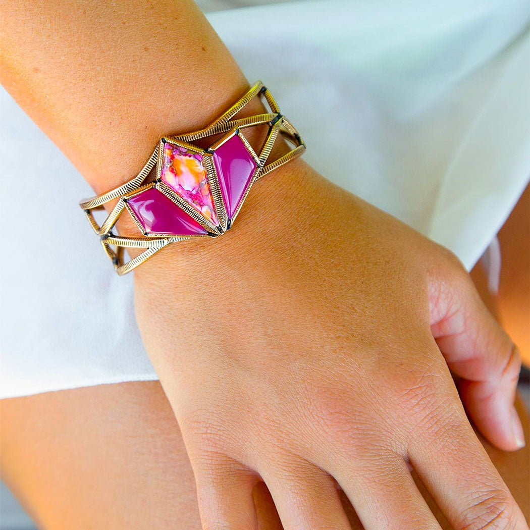 Pink Agate and Coral Matrix Golden Cuff Bracelet Barse Jewelry