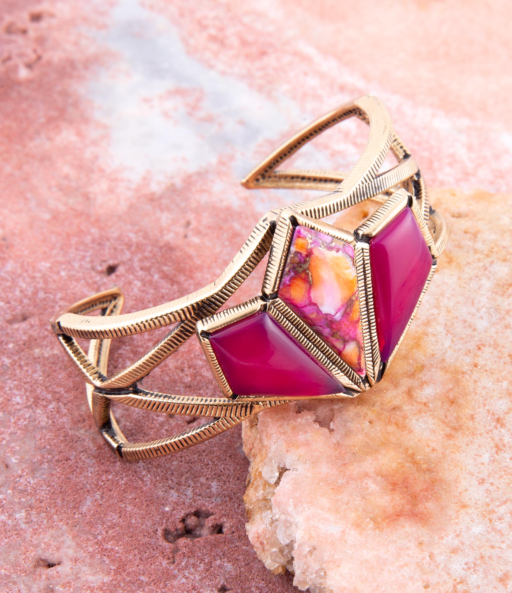 Pink Agate and Coral Matrix Golden Cuff Bracelet Barse Jewelry